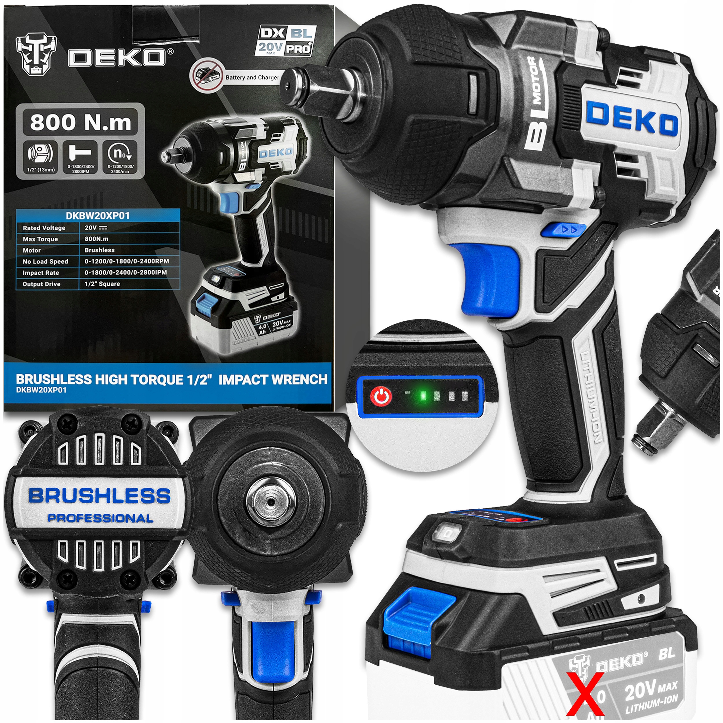 Akumulátorový Úderový Klíč Bezkartáčový Motor 1/2'' Pro Výkonná Kola 800 Nm