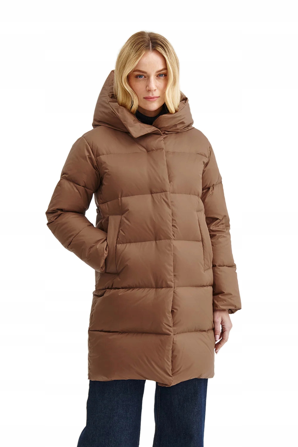 Dámská Péřová Prošívaná Bunda Do Půlky Stehen, Hnědá, Zateplená, Janbor