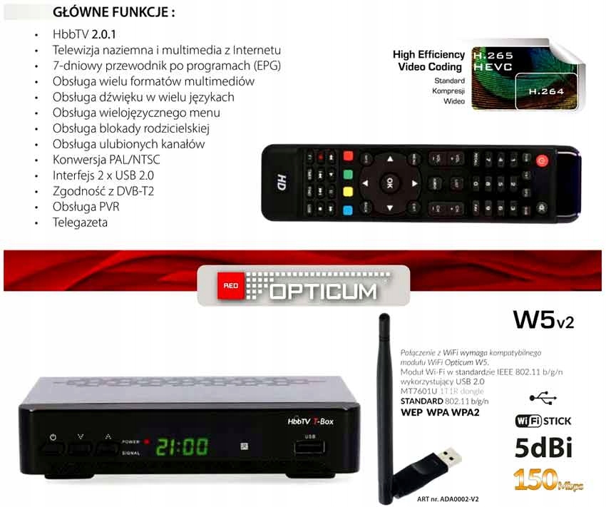 OPTICUM HbbTV T-BOX DVB-T2 H.265 HEVC Rodzaj tunera DVB-T2