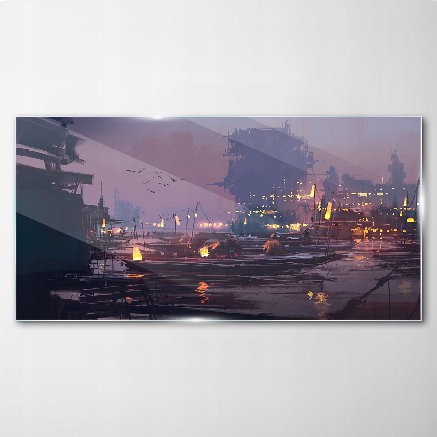 

Obraz szklany z nadrukiem Łodzie mgła lampy 120x60