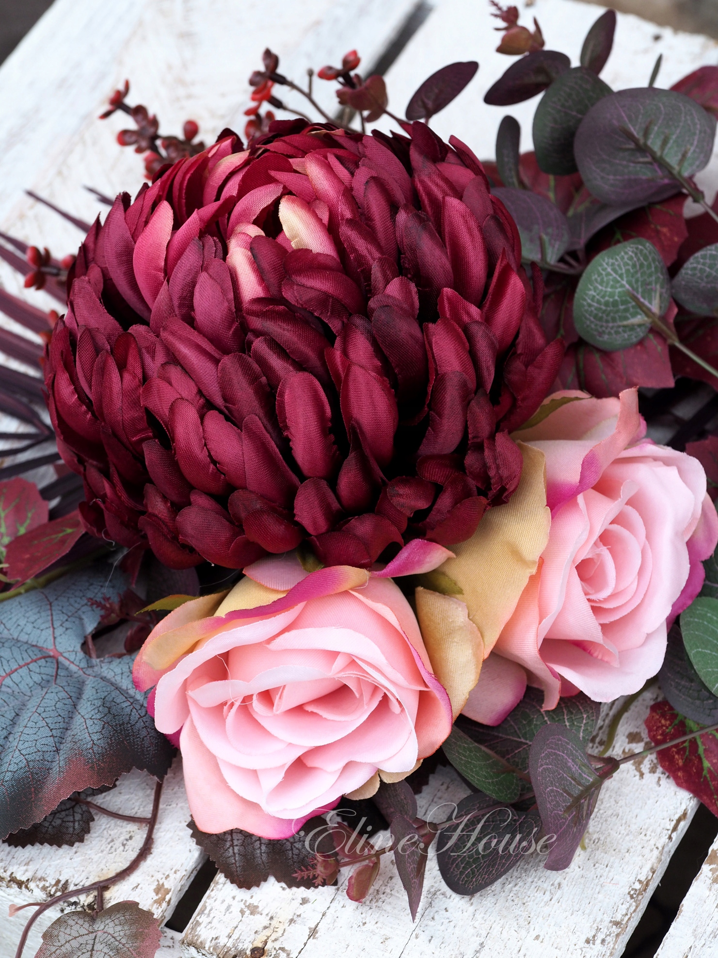 CHRYZANTEMA SZTUCZNA PREMIUM BURGUNDOWA GŁÓWKA KWIATY KOMPOZYCJA JESIEŃ