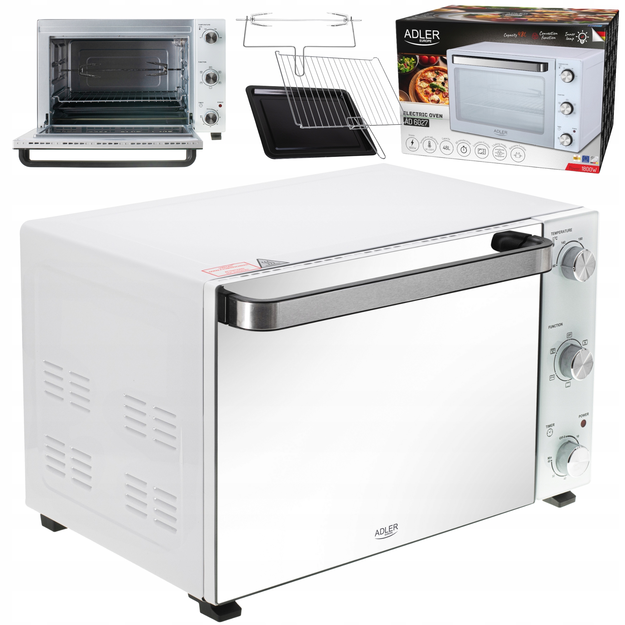 Elektrická rúra 48L Biela 1800W, konvekcia, rošt Adler Ad 6027