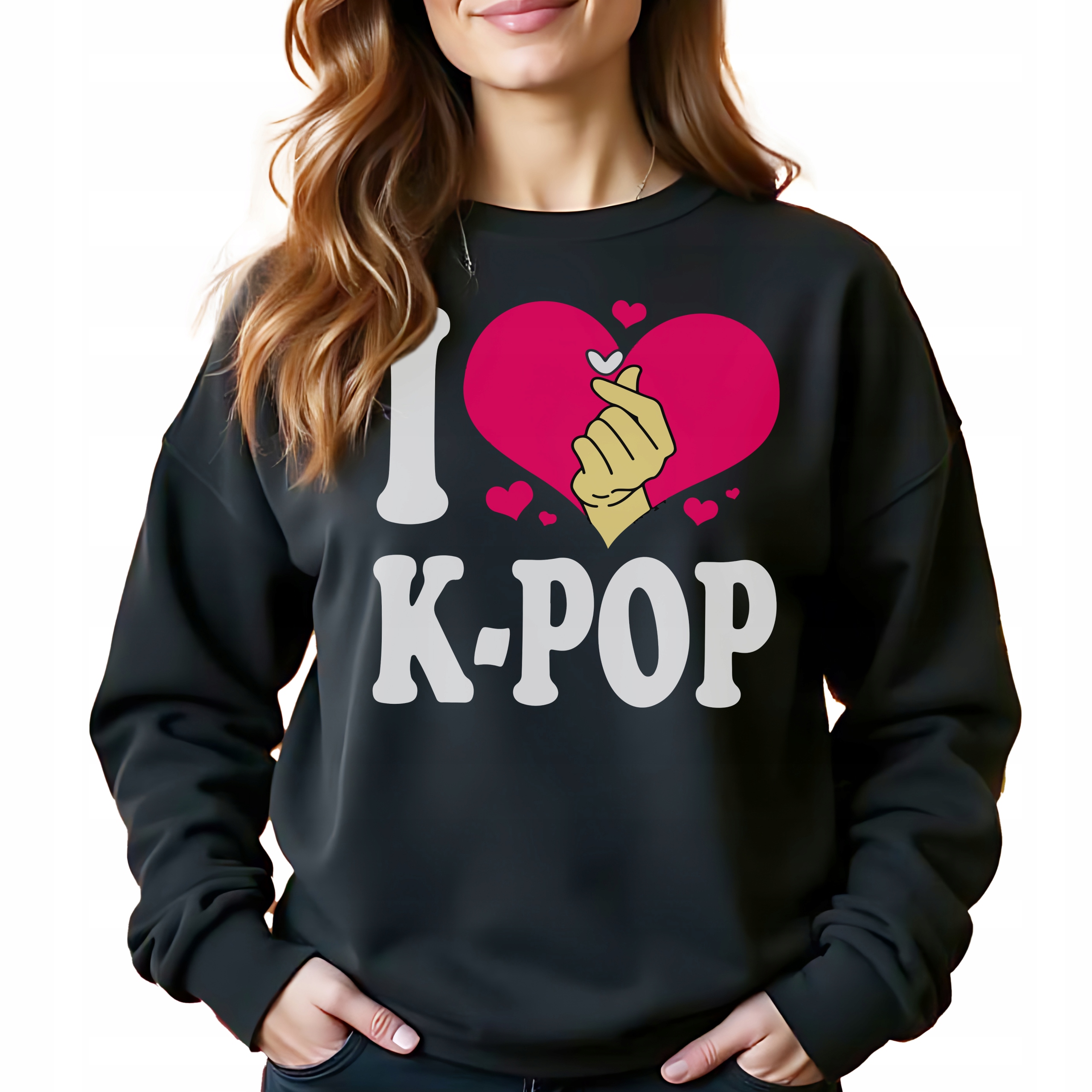 Černá bavlněná Mikina I Love Kpop Stylová Bez Kapuce Jako Dárek Vel M