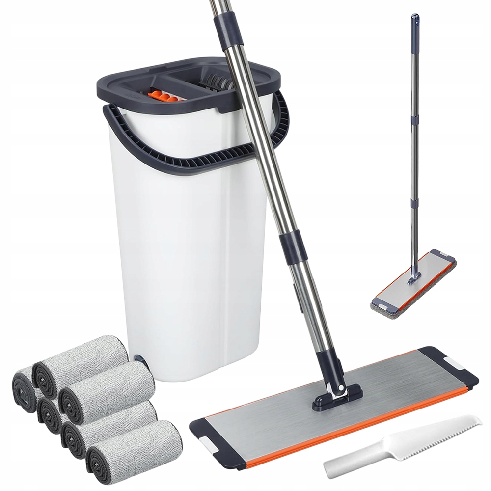 Levně Plochý Mop 40 cm Se Ždímačem S Dvoukomorovým Kbelíkem 6 Vložek Z Mikrovlákna