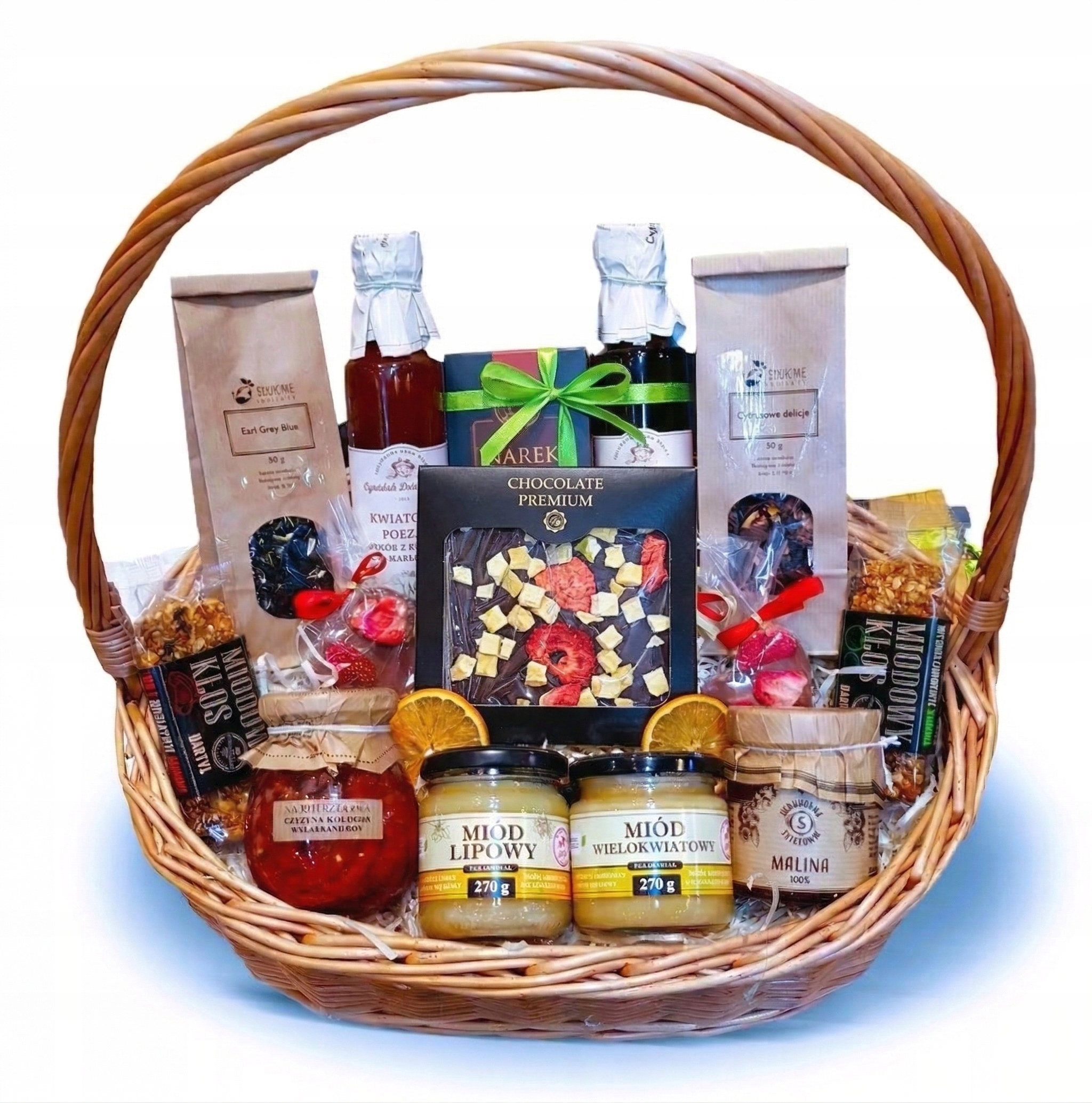 Kosz Prezentowy Miód Konfitury Czekolada Przysmaki Herbata