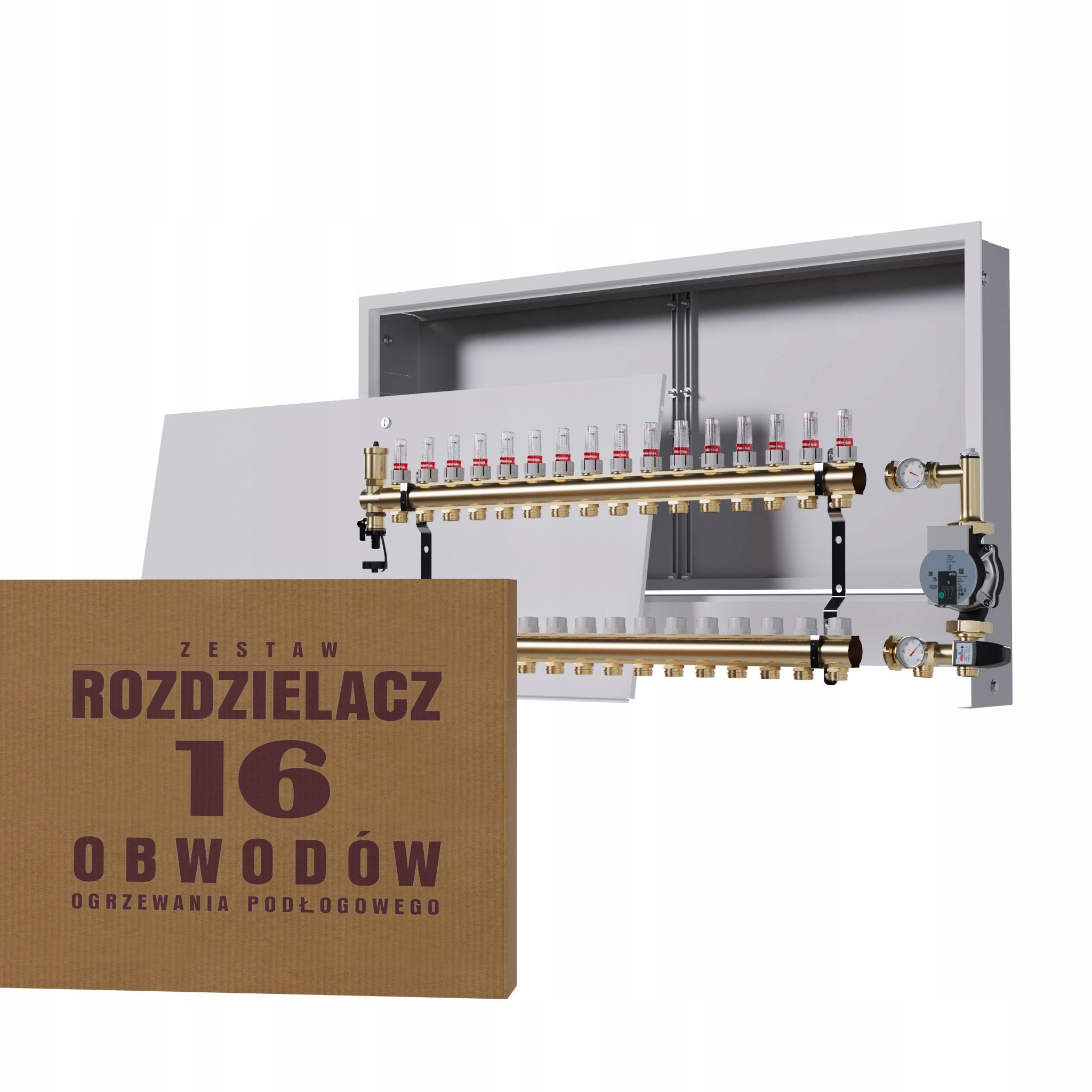 Rozdělovač pro podlahu 16 okruhů s skupinou Wilo podomítkový box