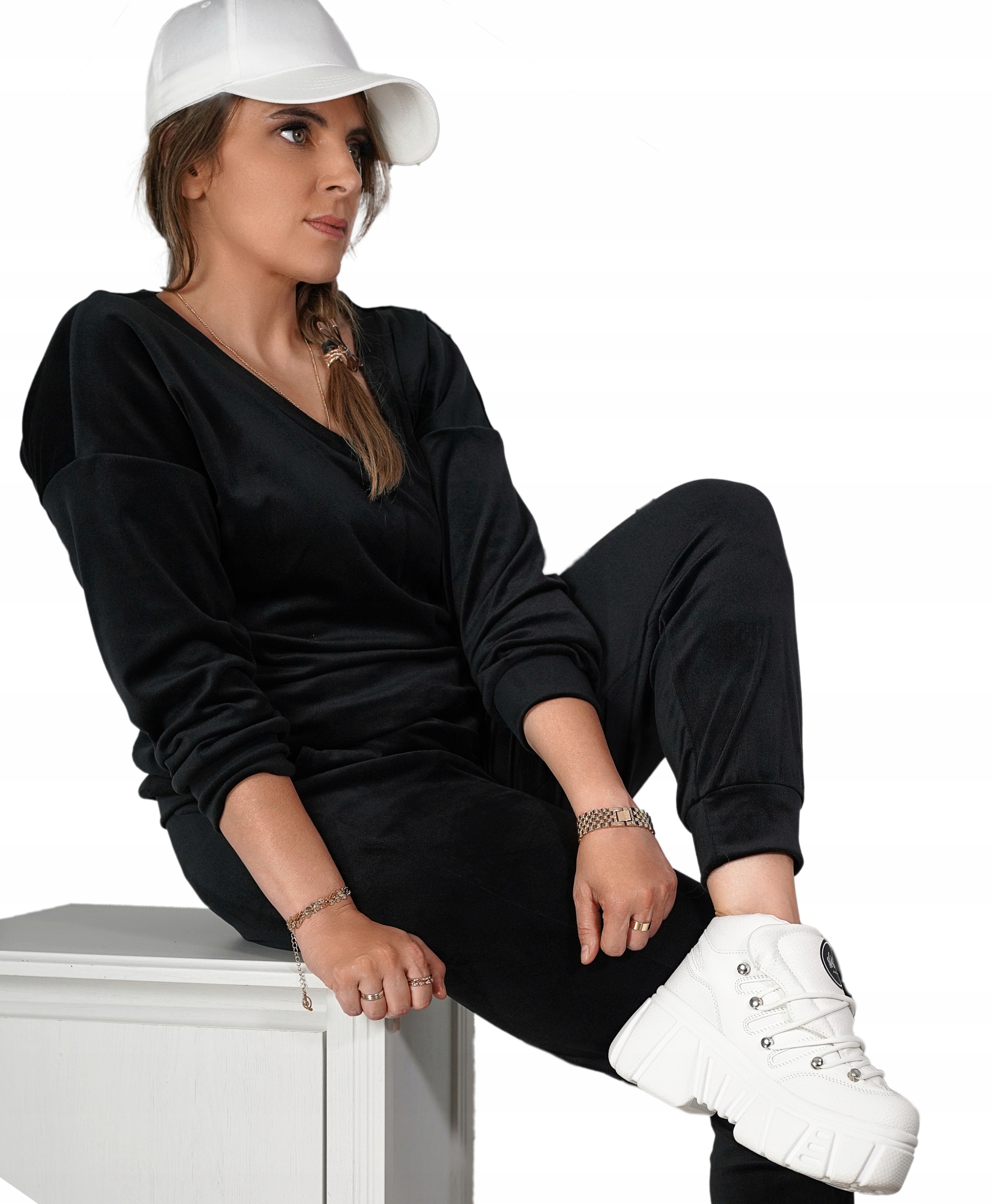 

Welur Miękki Dres V neck Plus Size Czarny 4XL/5XL
