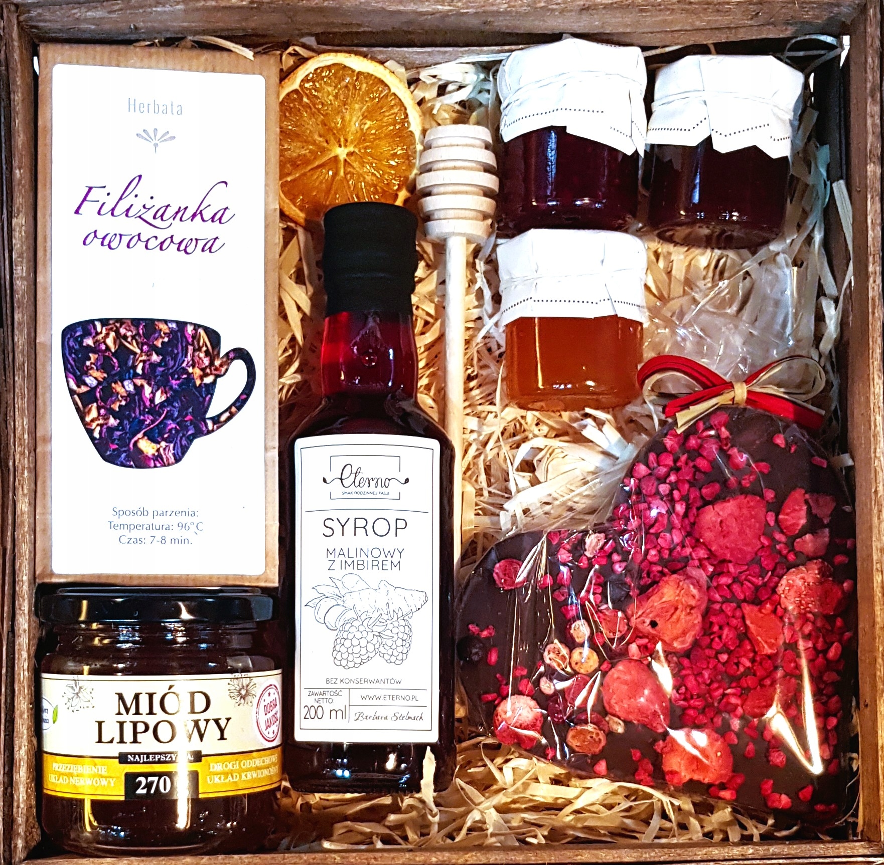 KOSZ PREZENTOWY PREZENT MIÓD HERBATA SYROP KONFITU