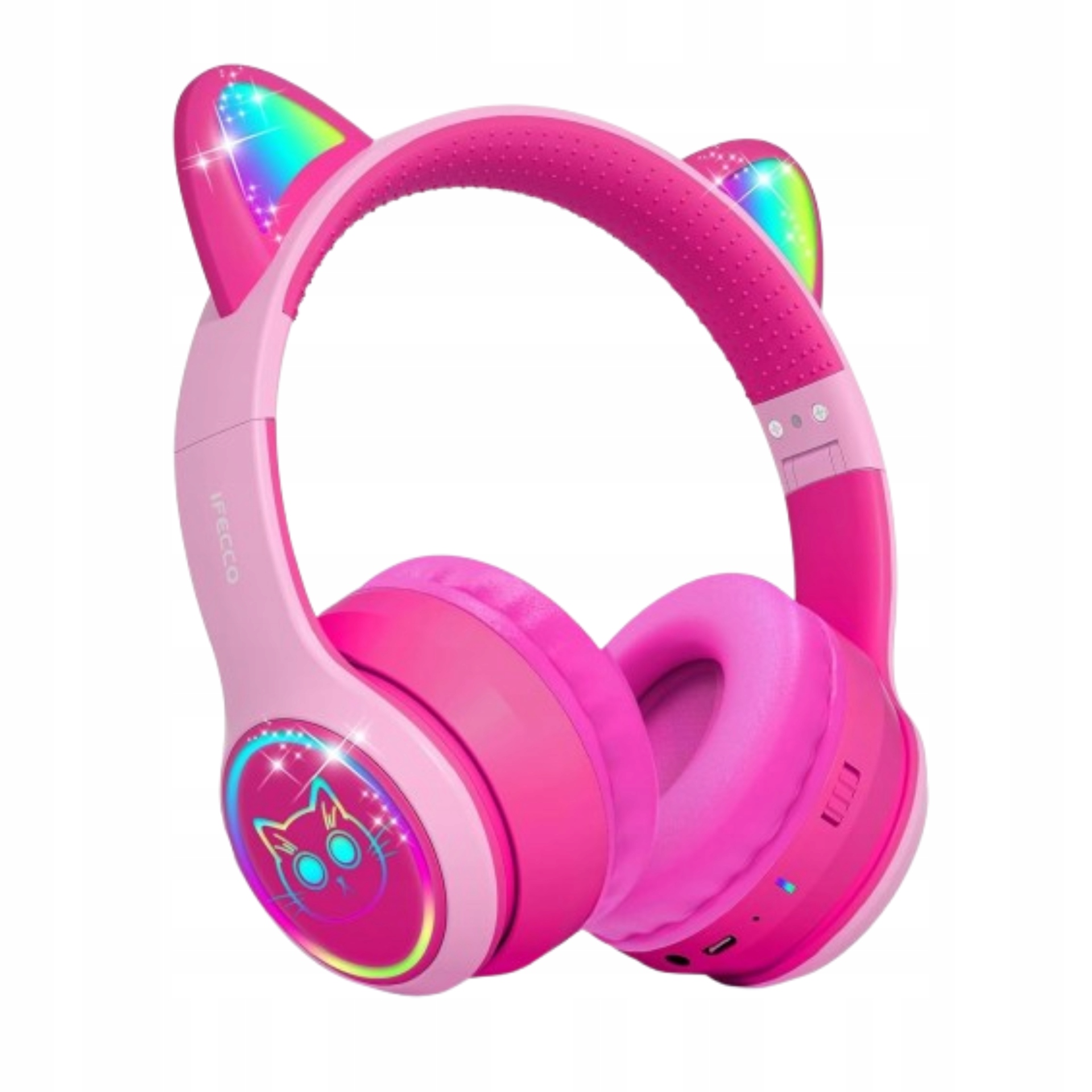 Bezdrátová sluchátka pro děti Kočičí uši Bluetooth Led Růžová iFecco