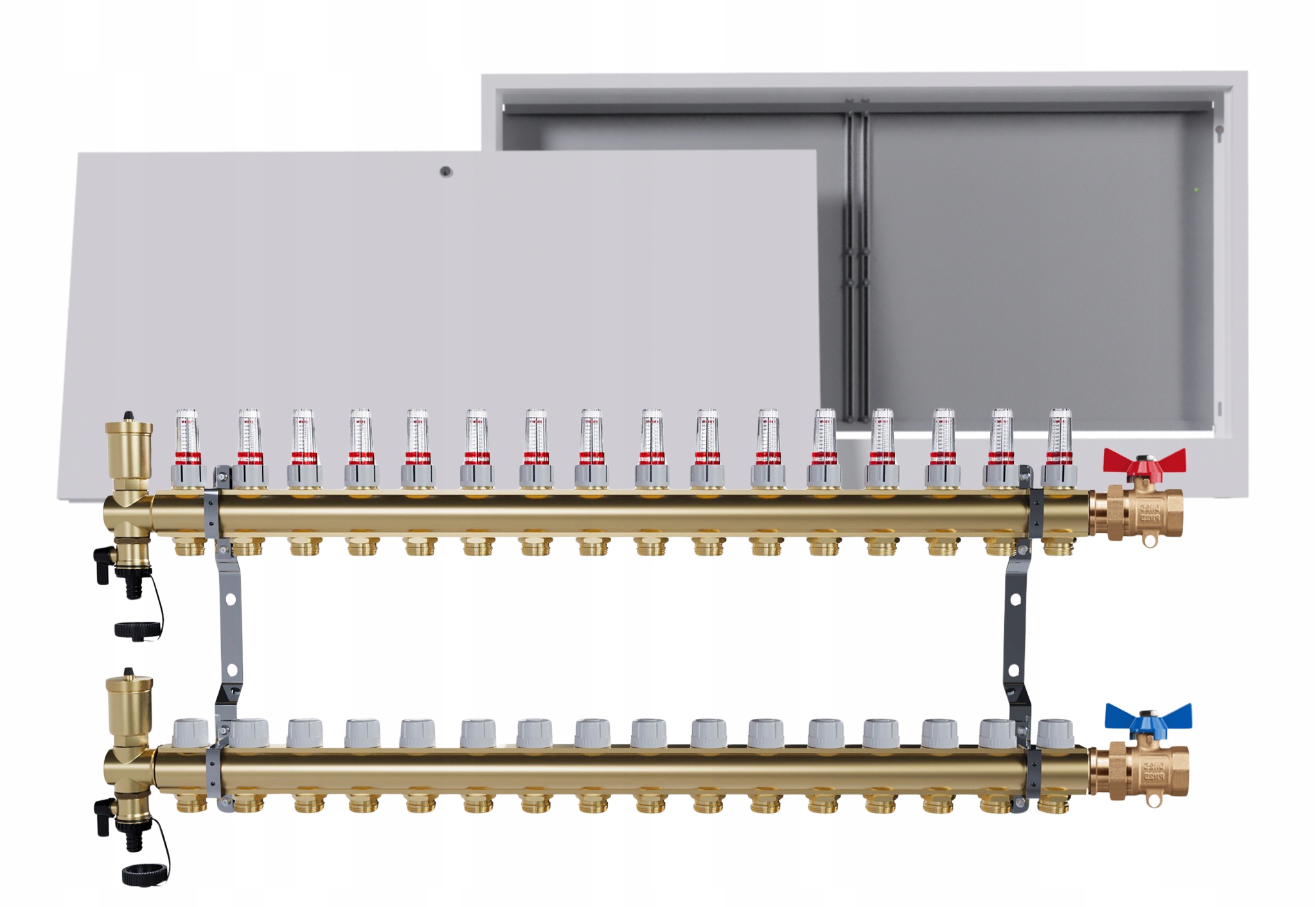 Rozdělovač podlahových krytin mosazný 16 obvodů nástěnná skříňka jednoduchý ventil