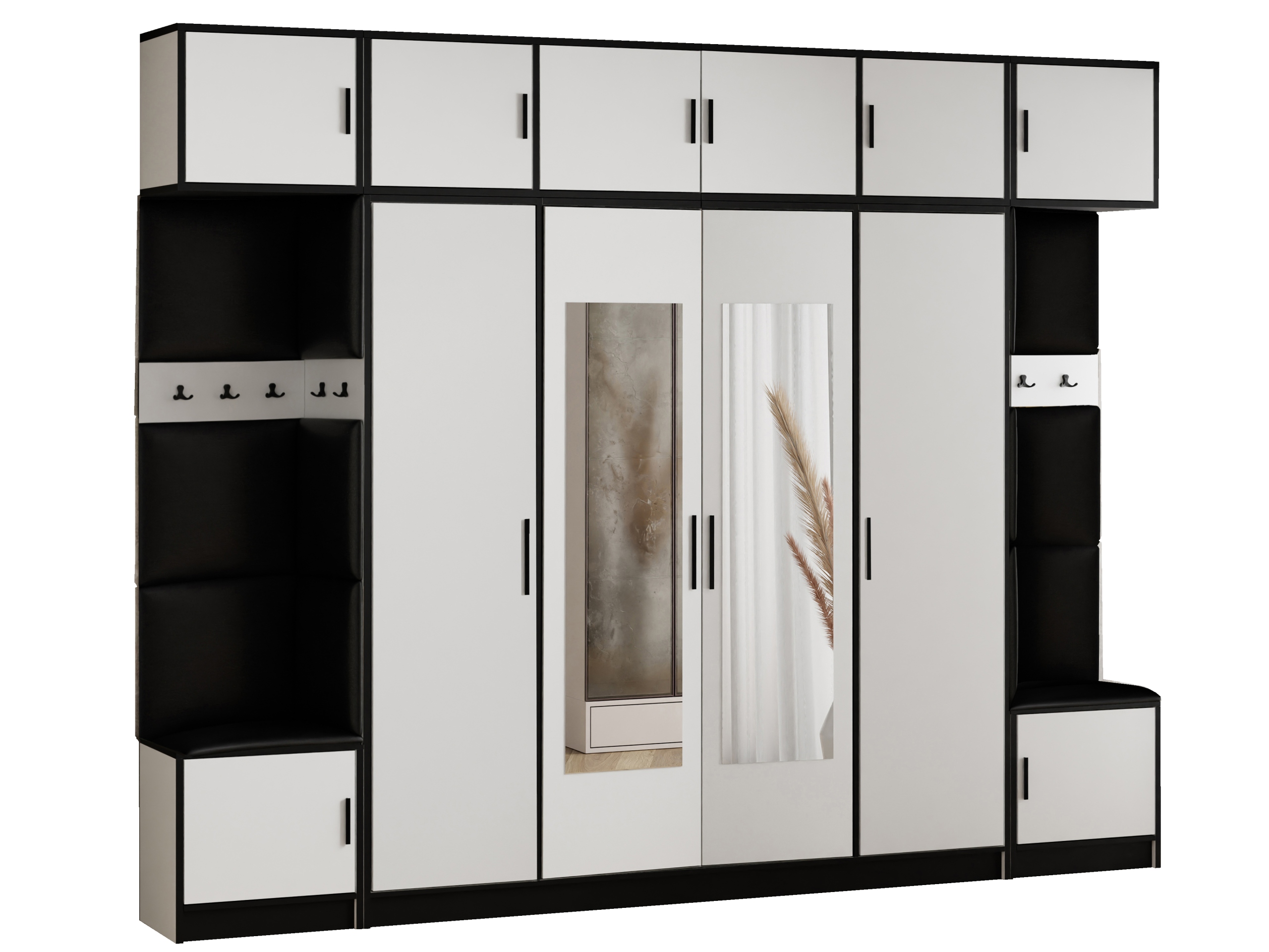 Šatní skříň s nástavcem Dior 17 bílá ekokůže, černý sedák