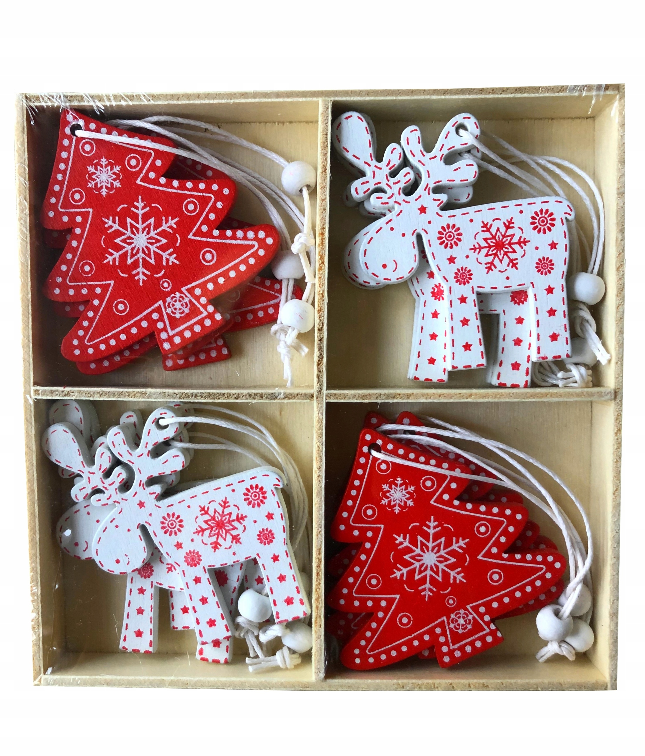 ZAWIESZKI DREWNIANE BIAŁE CZERWONE 12 SZTUK