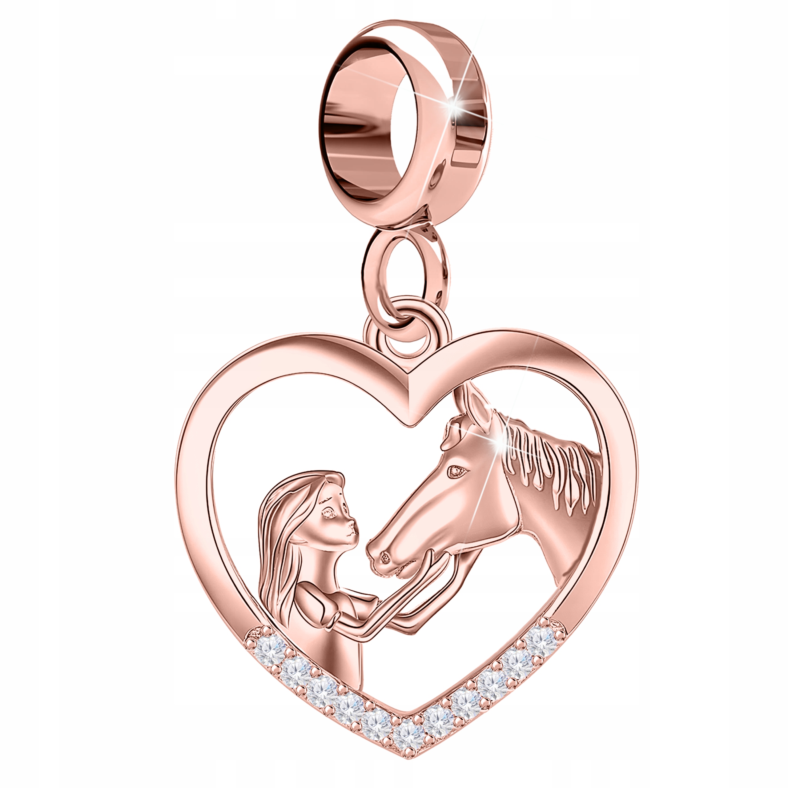 Charms Růžový s koněm Dívka Kůň Srdce s zirkony Stříbro 925