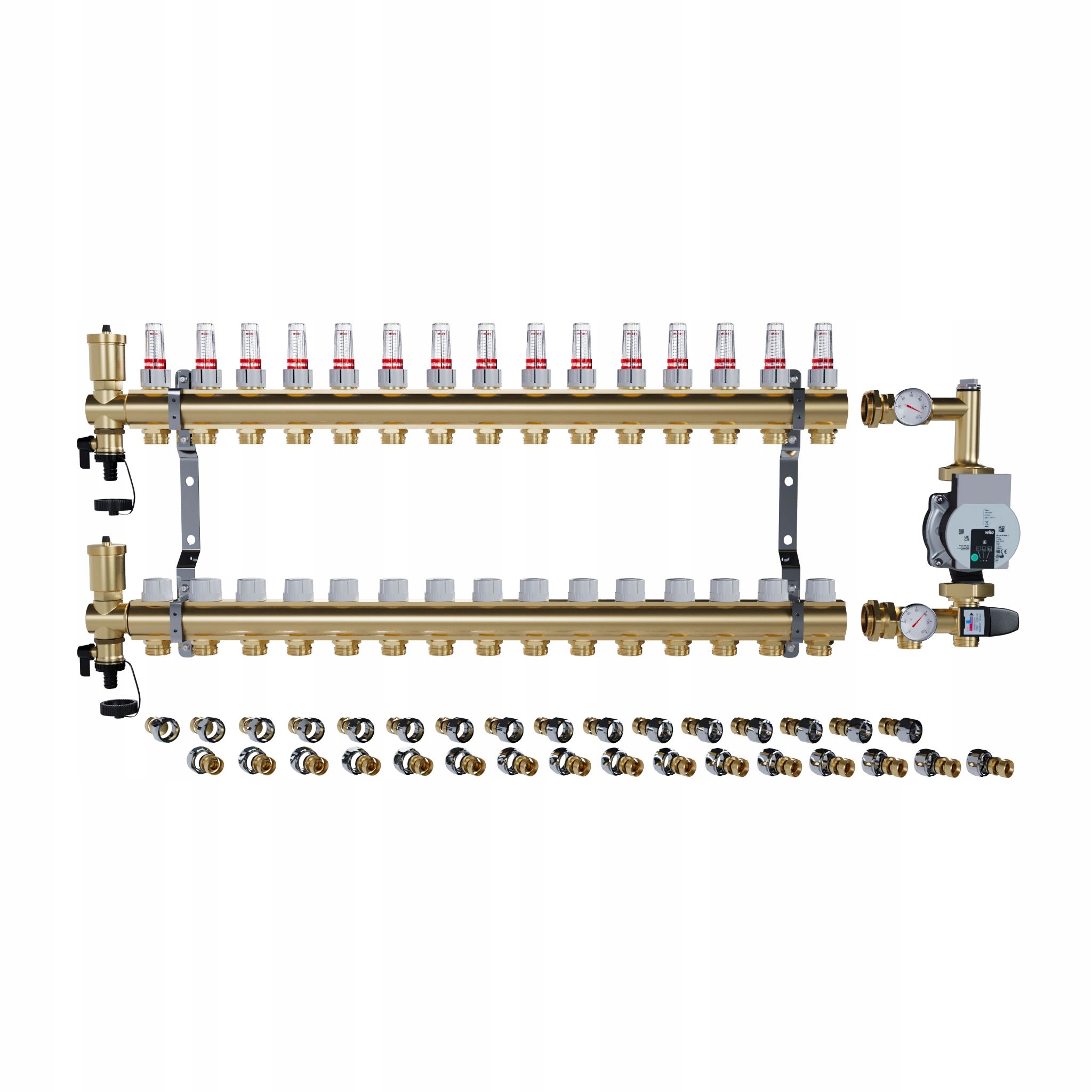 Rozdělovač pro podlahové topení 15 sekcí Spojky Pex Čerpadlo Wilo
