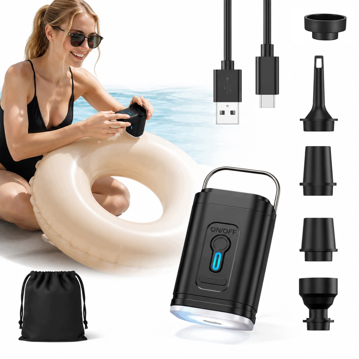 Mobilna Turystyczna Pompka Akumulatorowa Do Materacy Pontonów Usb- 1200 mAH