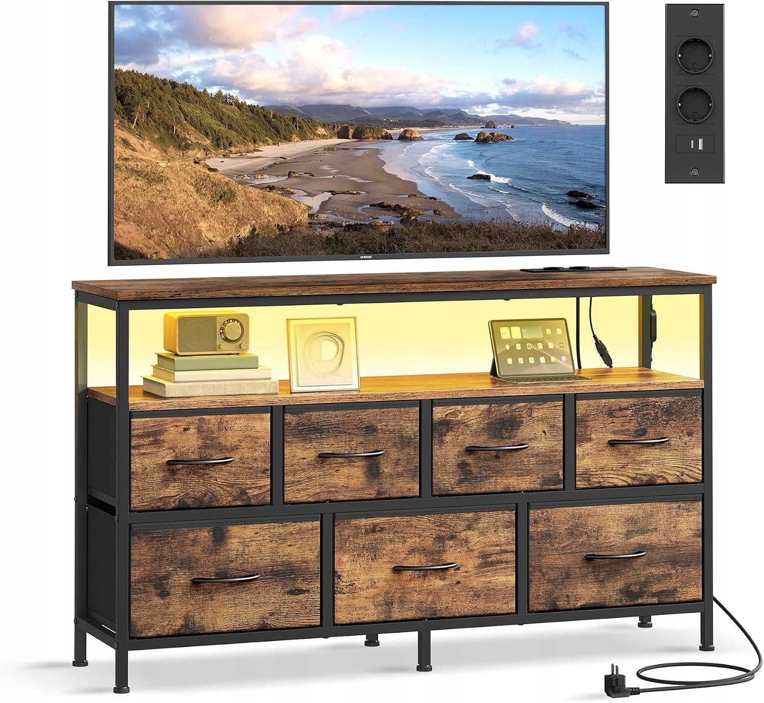 Komoda Se 7 Zásuvkami, Skříňka Pod Tv S Led Osvětlením A Zásuvkami