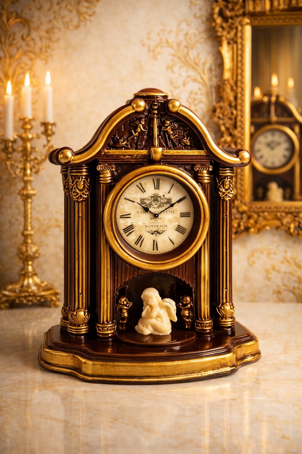 Antyczny zegar kominkowy z aniołkami retro w pudełku prezentowym