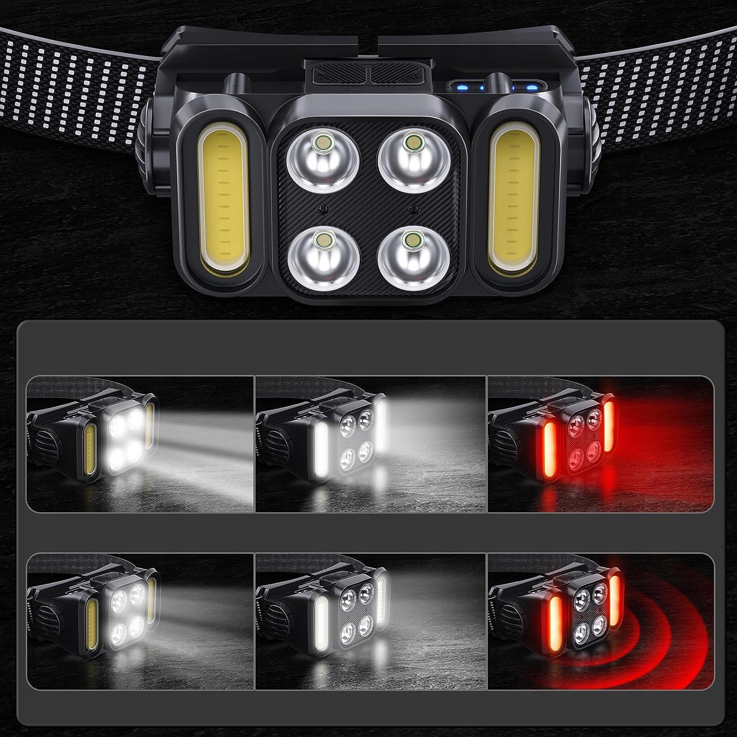 LATARKA CZOŁOWA LATARKA NA GŁOWĘ LED LAMPA CZOŁOWA 12 TRYBÓW OŚWIETLENIA Zasilanie akumulatorowe