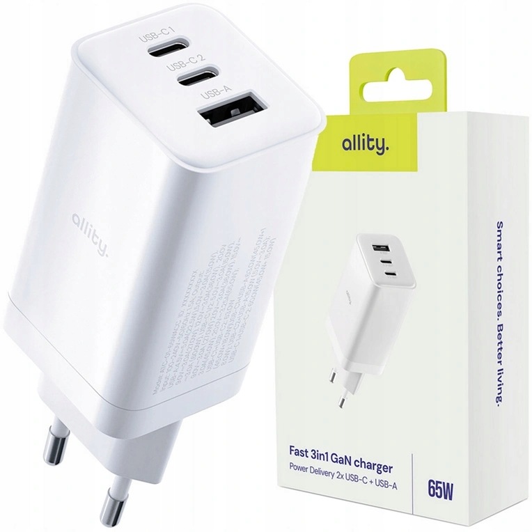 Síťová nabíječka Allity 65W 2x Usb-c 1x Usb-a GaN Pd Qc Rychlé nabíjení