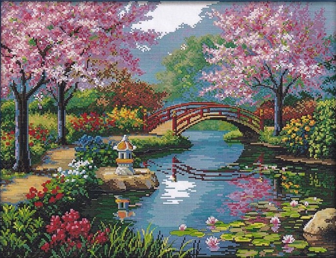 2x Sada pro křížkovou výšivku Sakura 50x40 cm kompletní sada s nitěmi, jehlami
