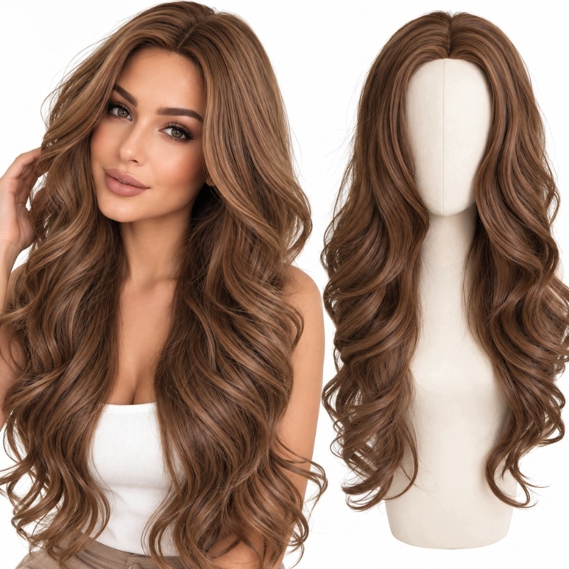 Peruka damska długa falowana jasny brąz 75 cm naturalny przedziałek
