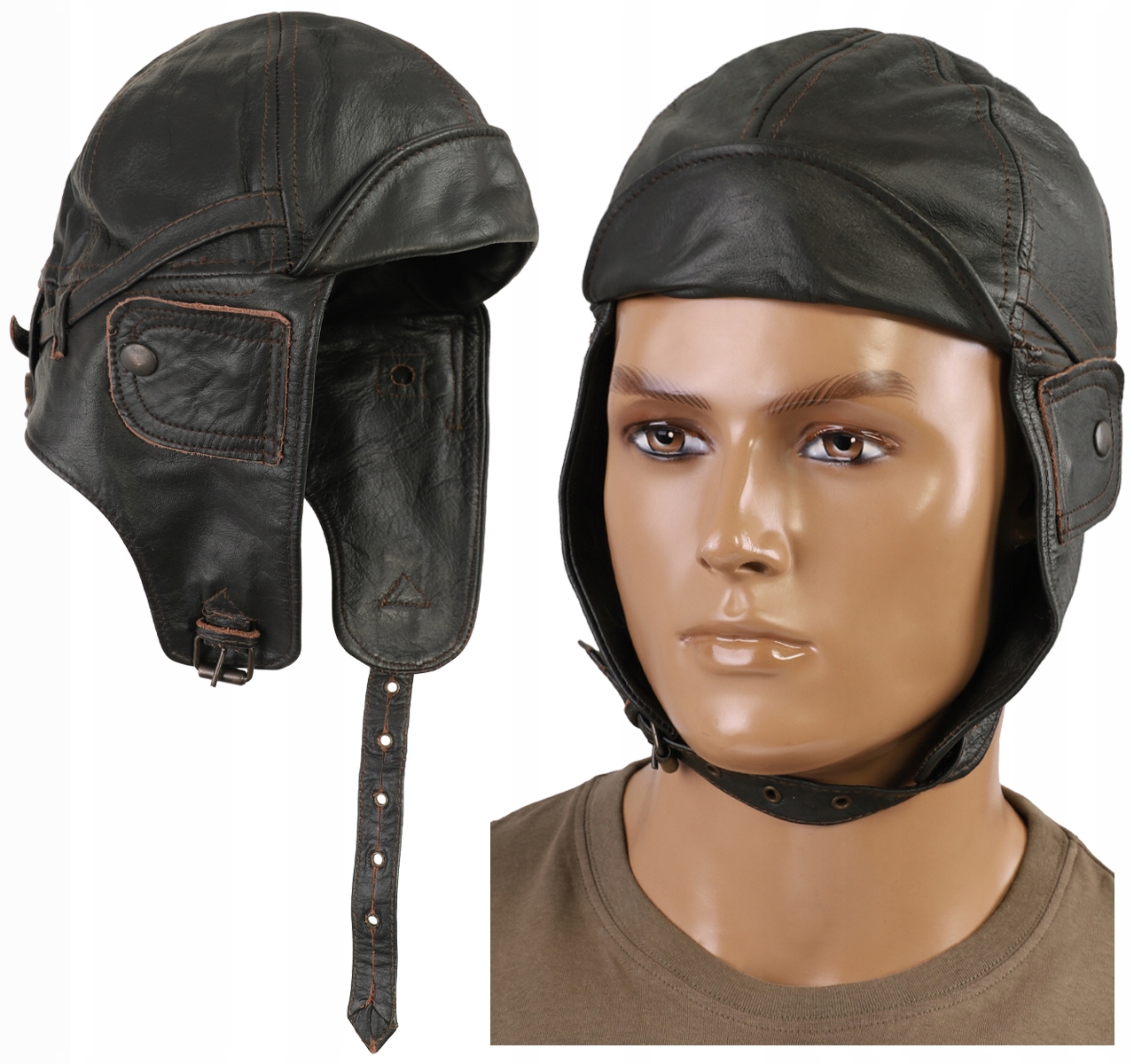 Pilotní čepice na motocykl Mil-tec Kožená kůže Hnědá L