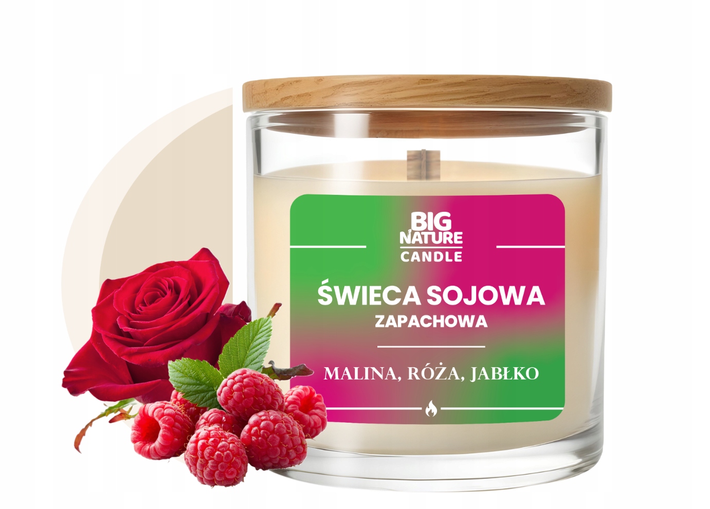 Świeca sojowa o zap. Malina, Róża i Jabłko 155g — 2