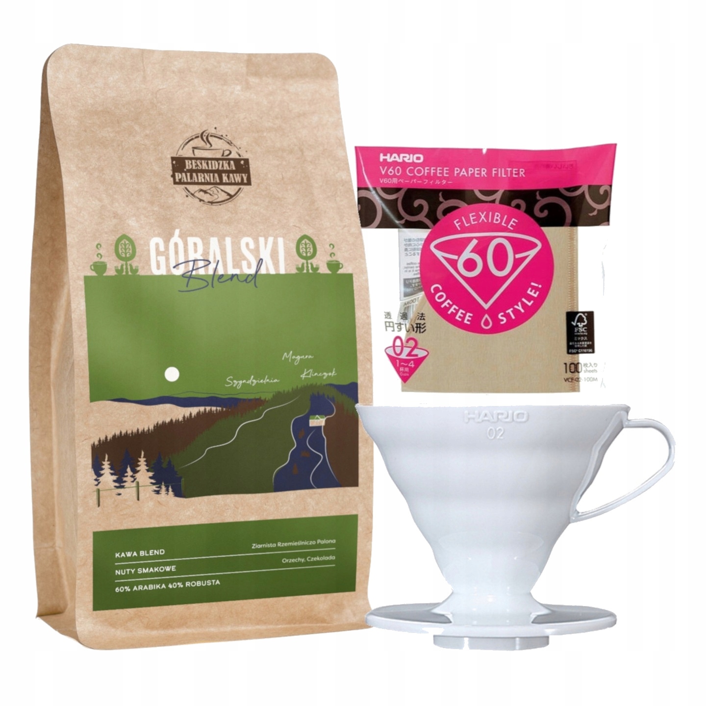 Levně Káva Horský Blend 250 g Drip Bílý V60-02 Filtry Hnědé 100 ks