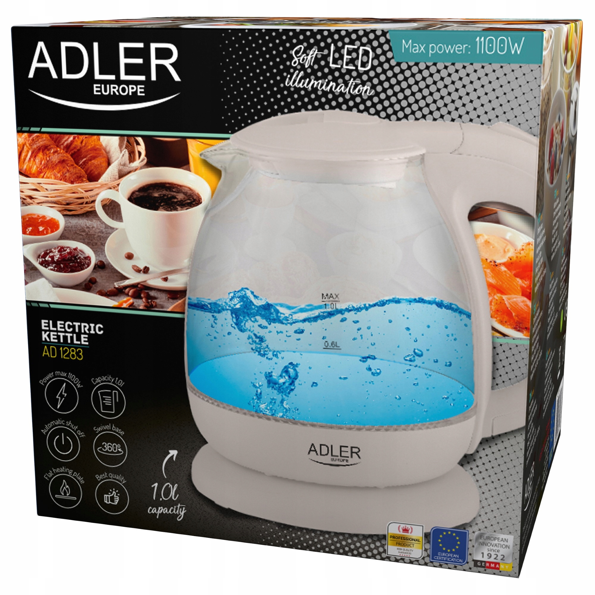 CZAJNIK ELEKTRYCZNY SZKLANY LED 1L AD1283 ADLER Model AD1283