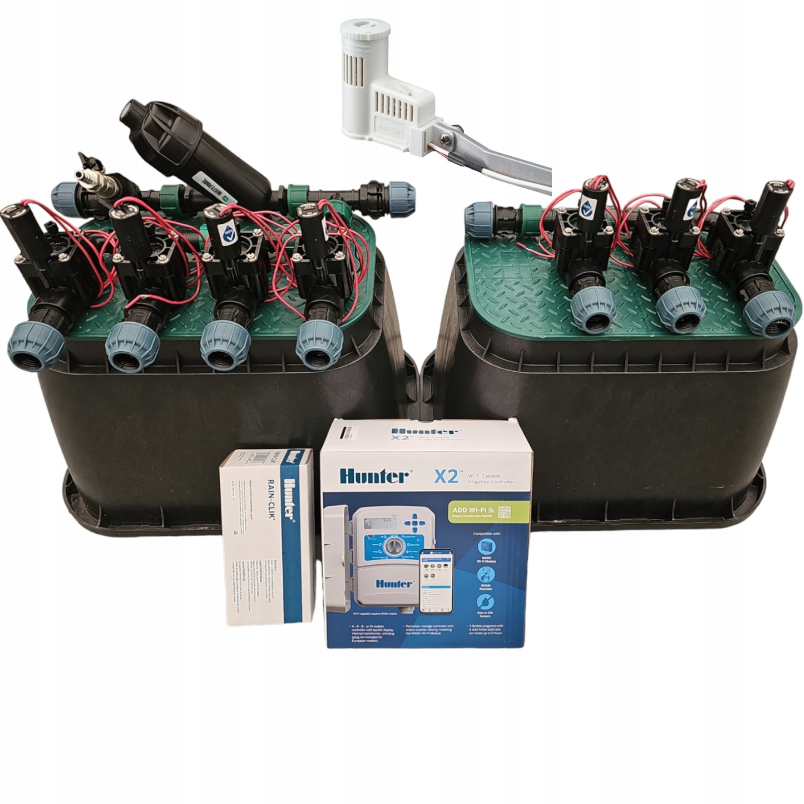 Zestaw 8 sekcji Hunter Pgv Filtr Sterownik X2 Rainclik 2 Studzienki Pe 25