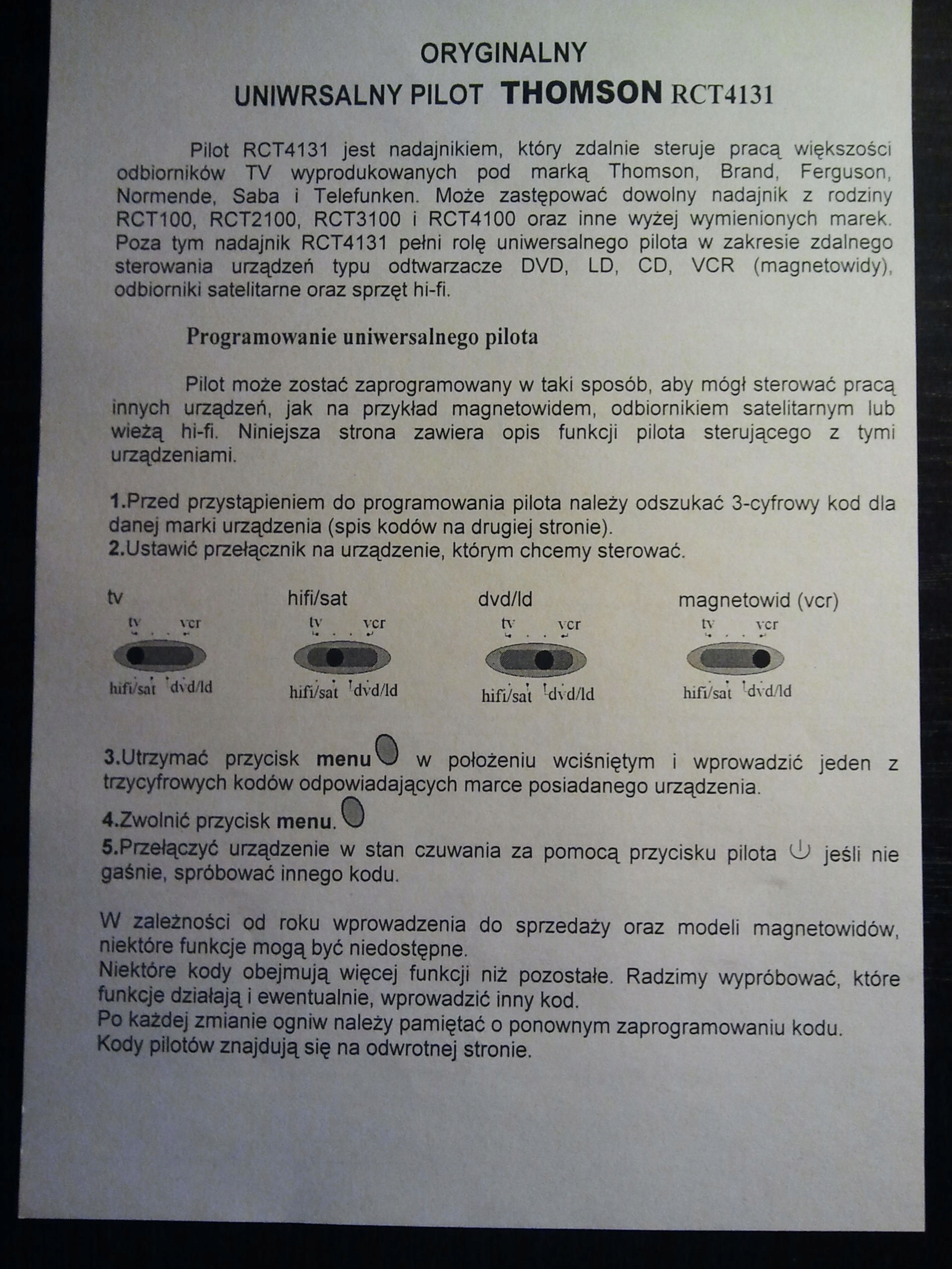 Pilot oryginalny THOMSON RCT4131 = RCT100 RCT2100 Marka Thomson