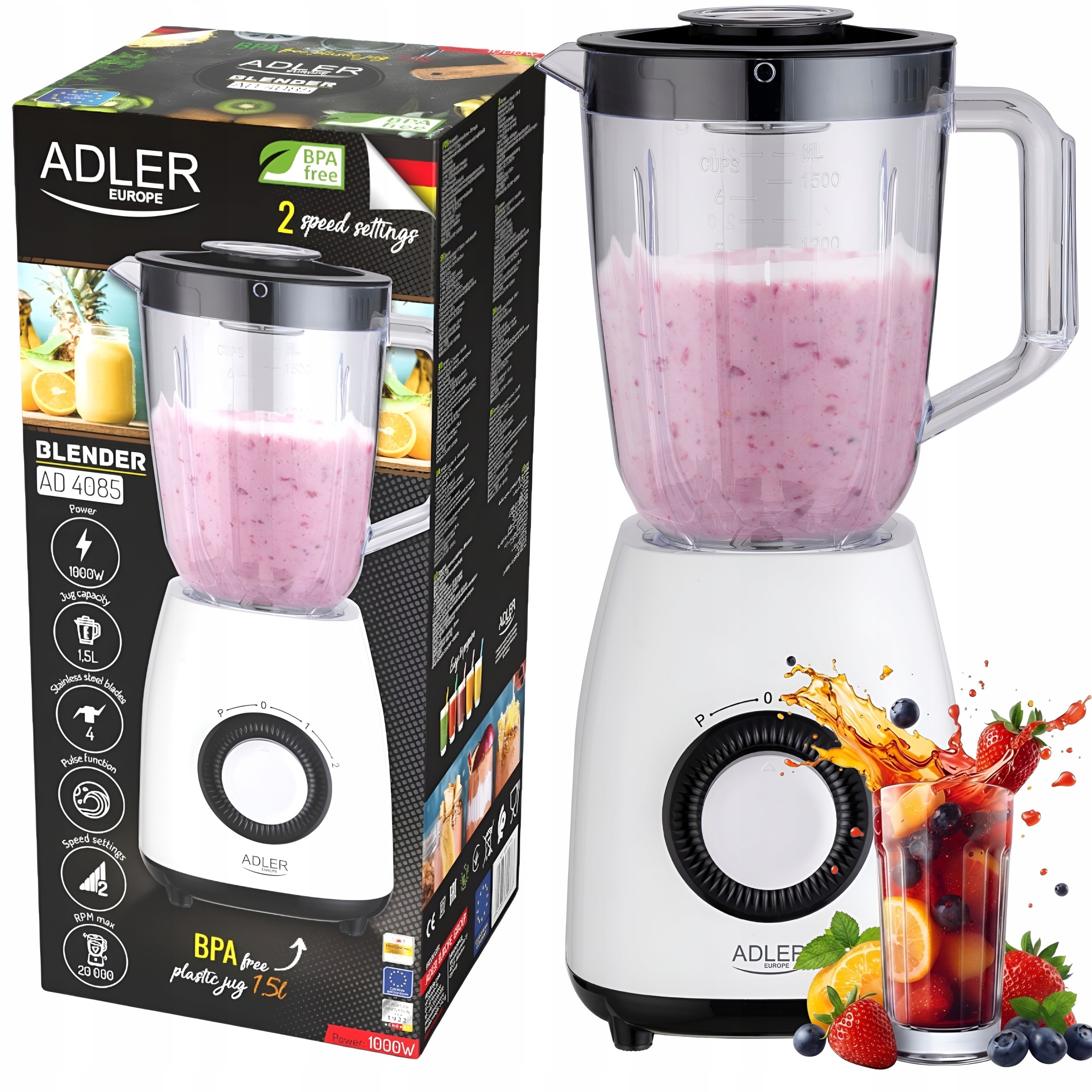 Blender Kielichowy Mikser 1,5L 1000W Adler Ad 4085