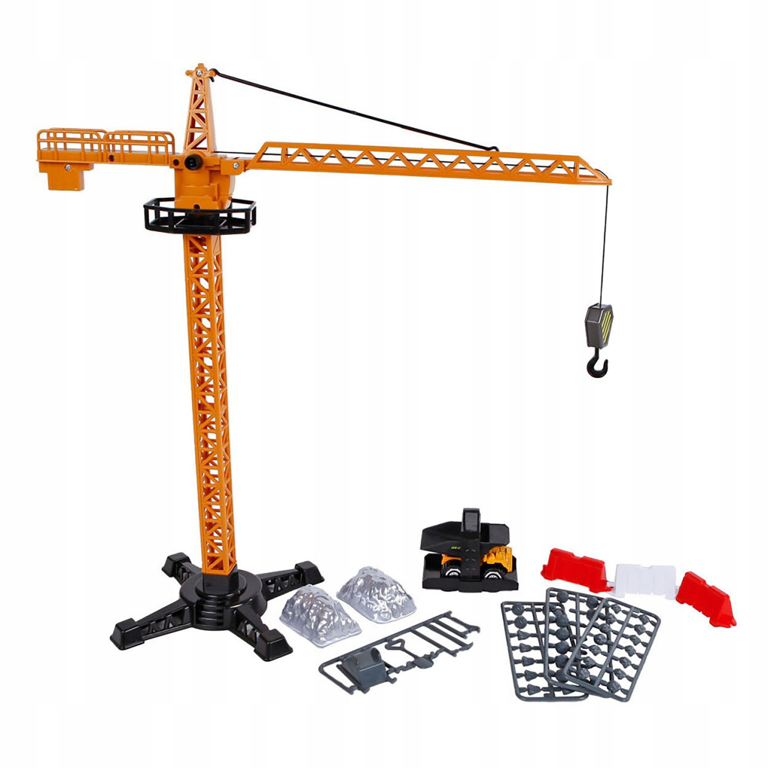 DŹWIG ŻURAW BUDOWLANY OBROTOWY RUCHOMY BUDOWA 50 ELEMENTÓW + POJAZD Długość 37.5 cm