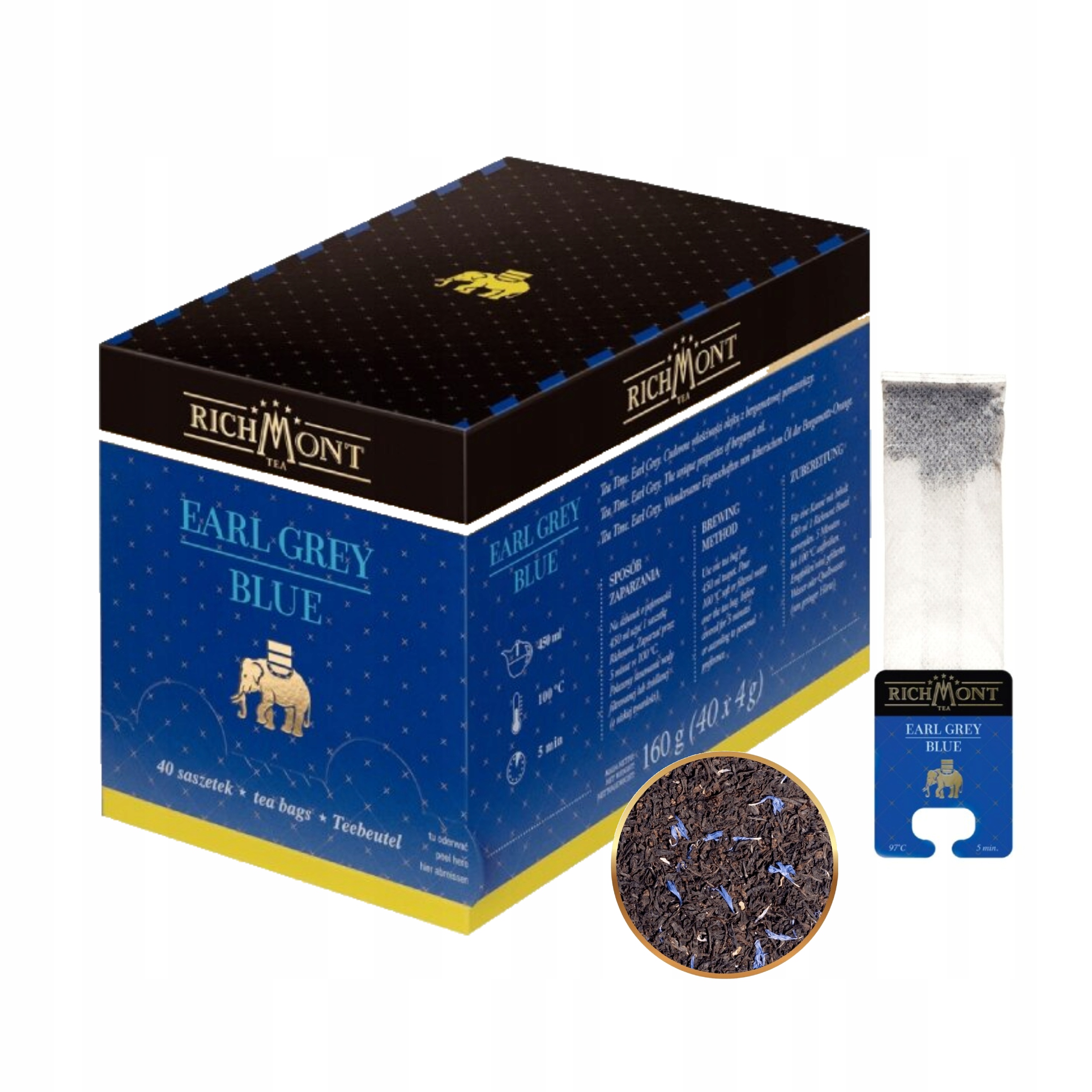 Černý instantní čaj Richmont Earl Grey Blue, bergamot, chrpa, 40x4g