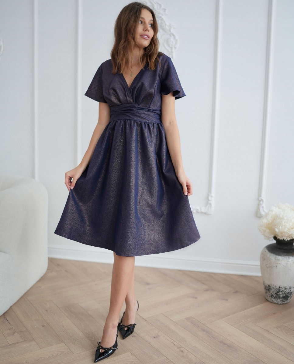 Šaty Tmavě Modrá midi s zavinovacím výstřihem, třpytivý lesk na svatební hostina