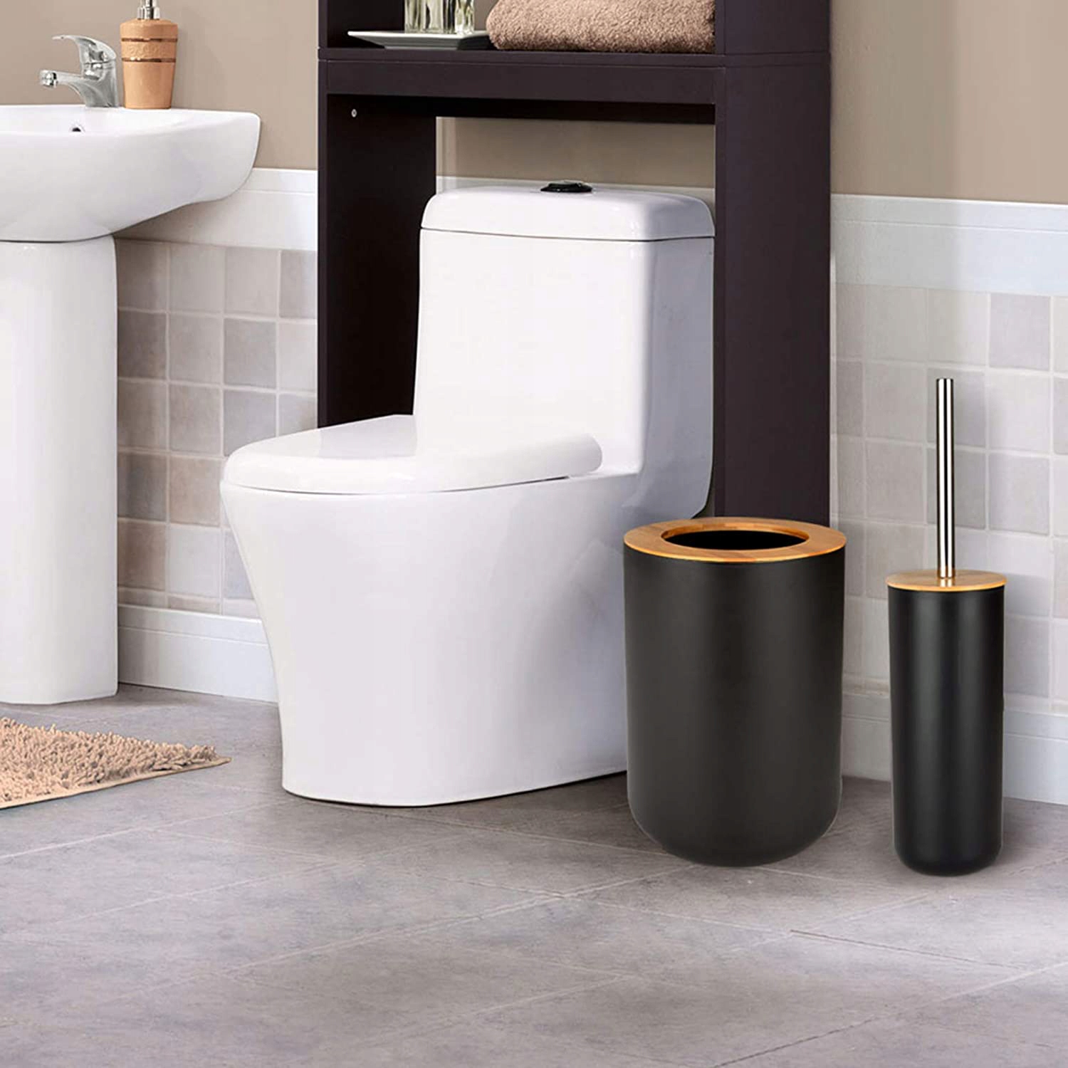 ZESTAW ŁAZIENKOWY SZCZOTKA DO ŁAZIENKI WC DOZOWNIK KOSZ CZARNY KOMPLET 6w1 Kolor czarny