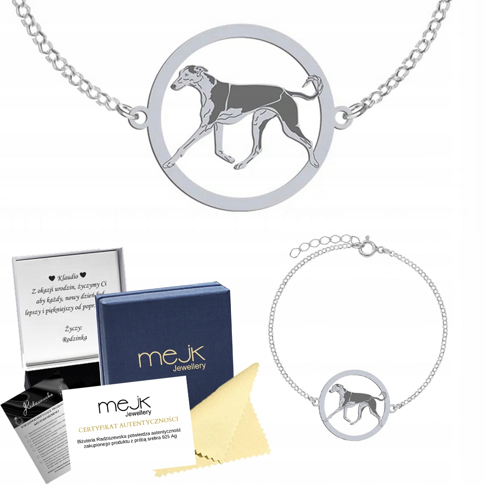 Stříbrný náramek s psem Polish Greyhound 925 Dárek Gravírování Bonus