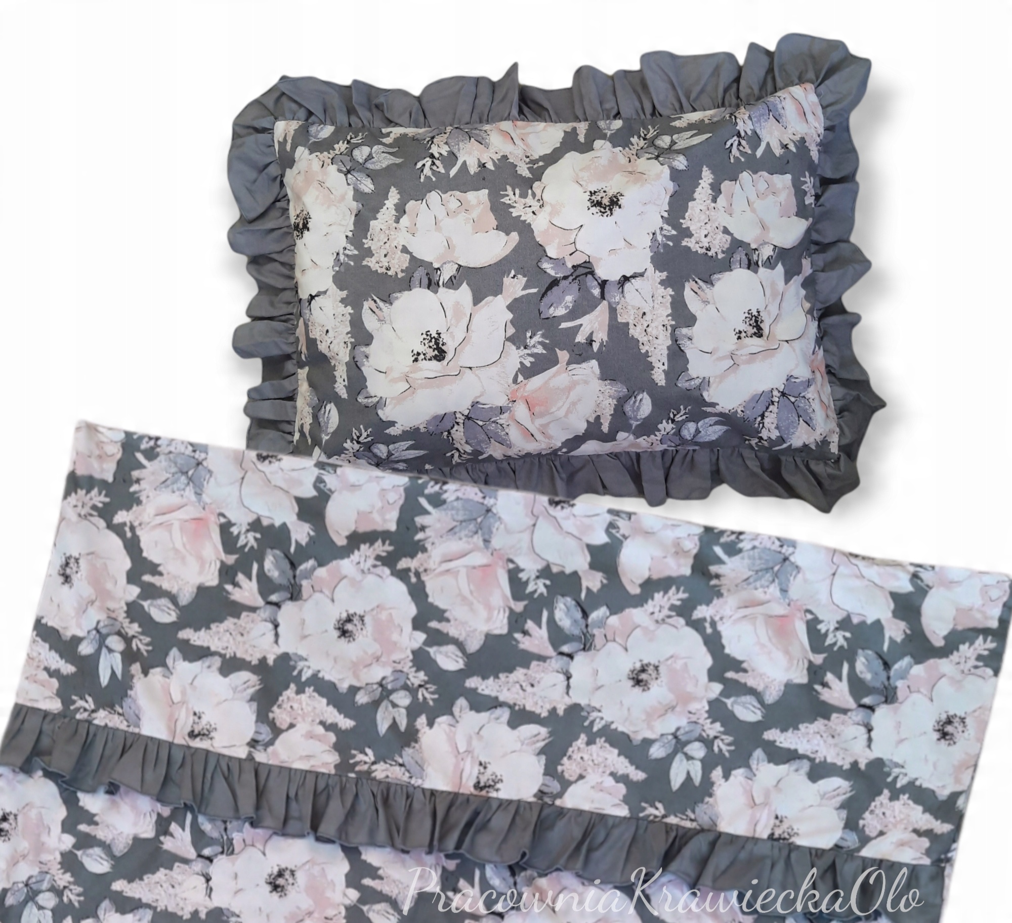 

pościel Shabby Peonie kwiat Szara Falbanki 140x200