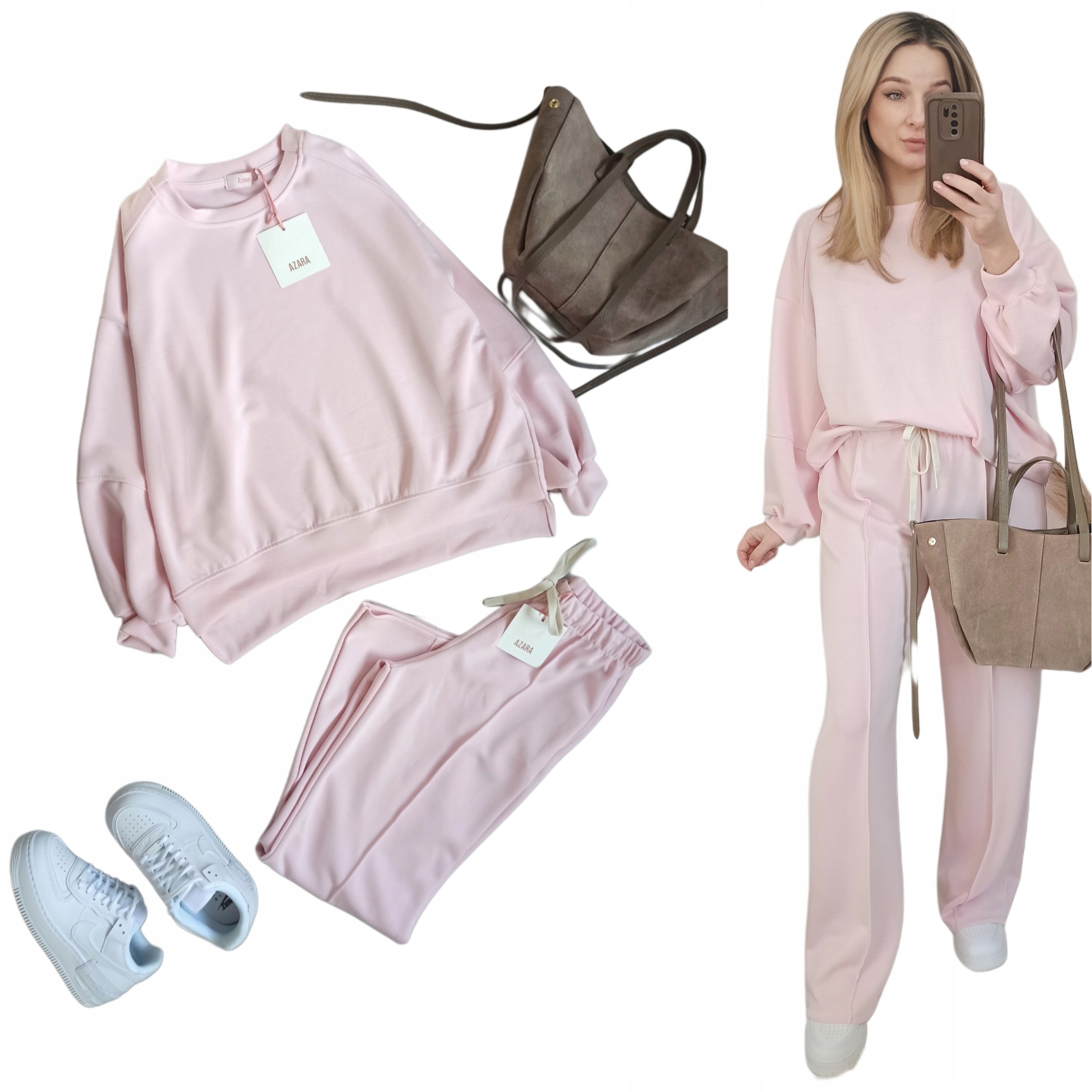 Azara komplet dresowy dres masełko różowy pudrowy bluza szerokie spodnie