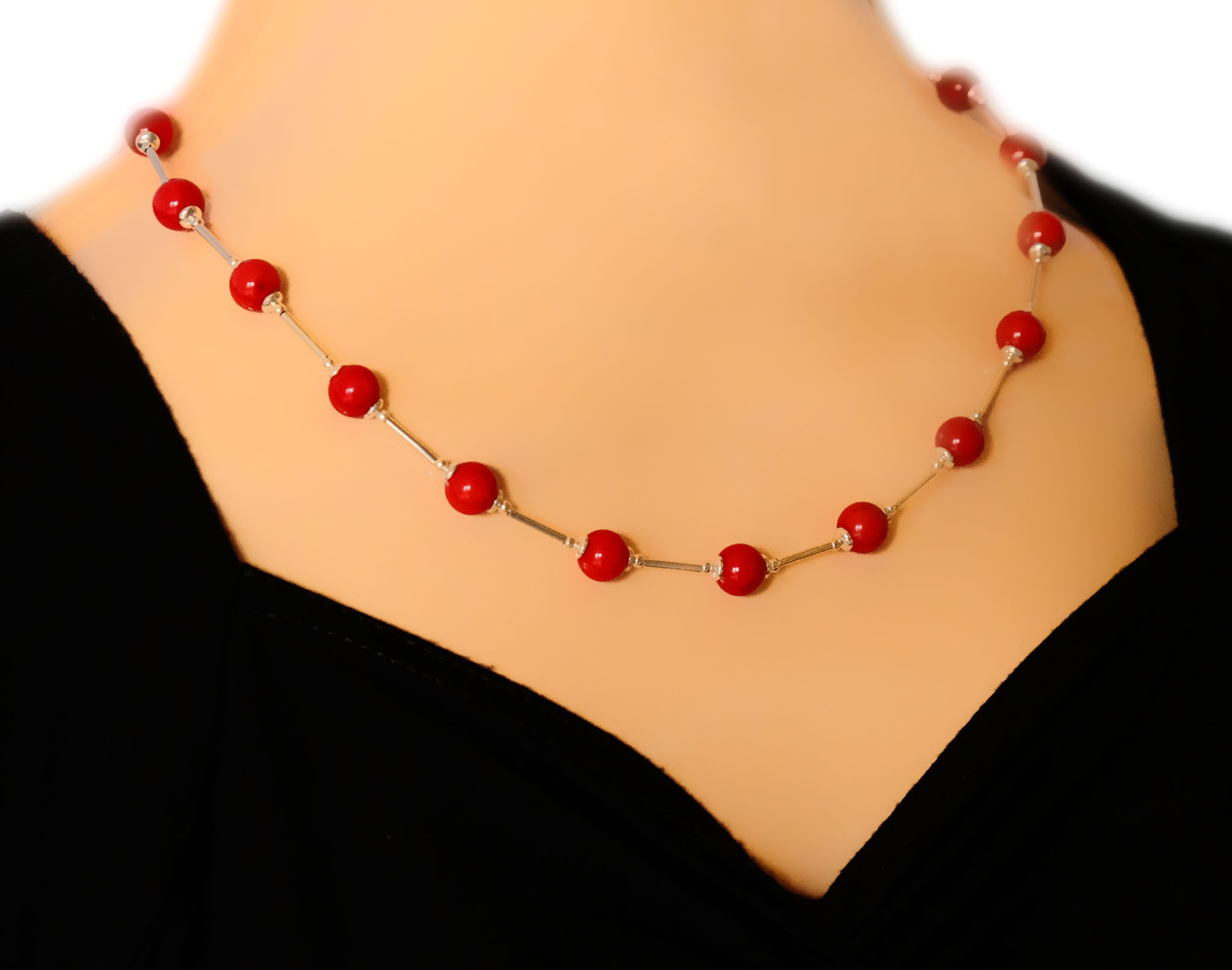 Červená kolia Náhrdelník z přírodních korálů Stříbro925 Dárek pro ženu
