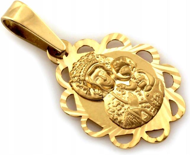 Ažurový zlatý medailon 585 jemný s Pannou Marií Křest Svaté Přijímání dárek