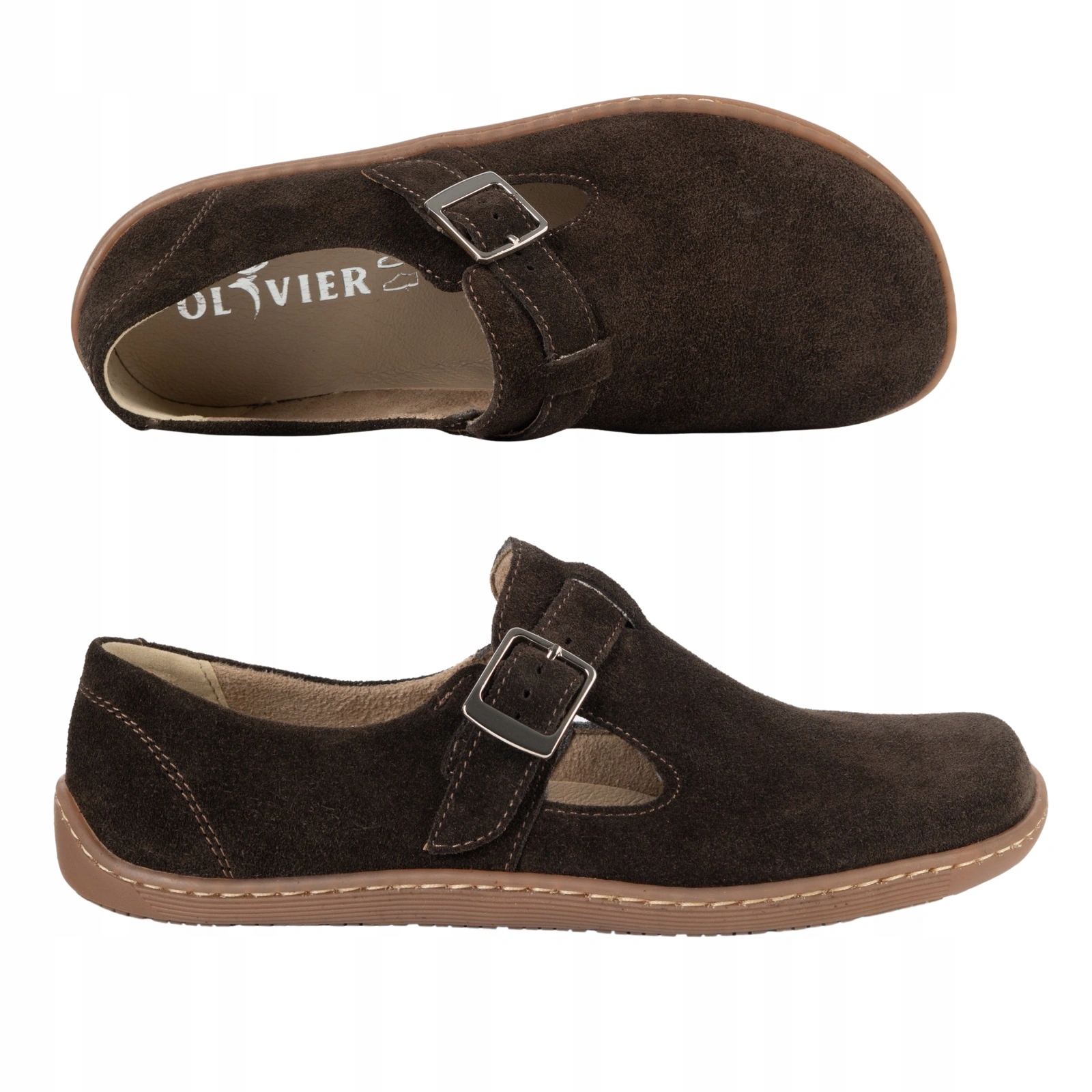 Buty barefoot damskie skórzane Rosa zero drop z paskiem brąz welur 37