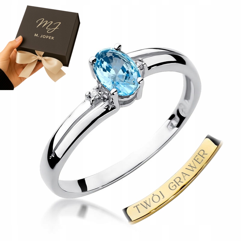 Prstýnek Z Bílého Zlata 585 S Topazem A Gravírování Diamanty 0,50 Kara