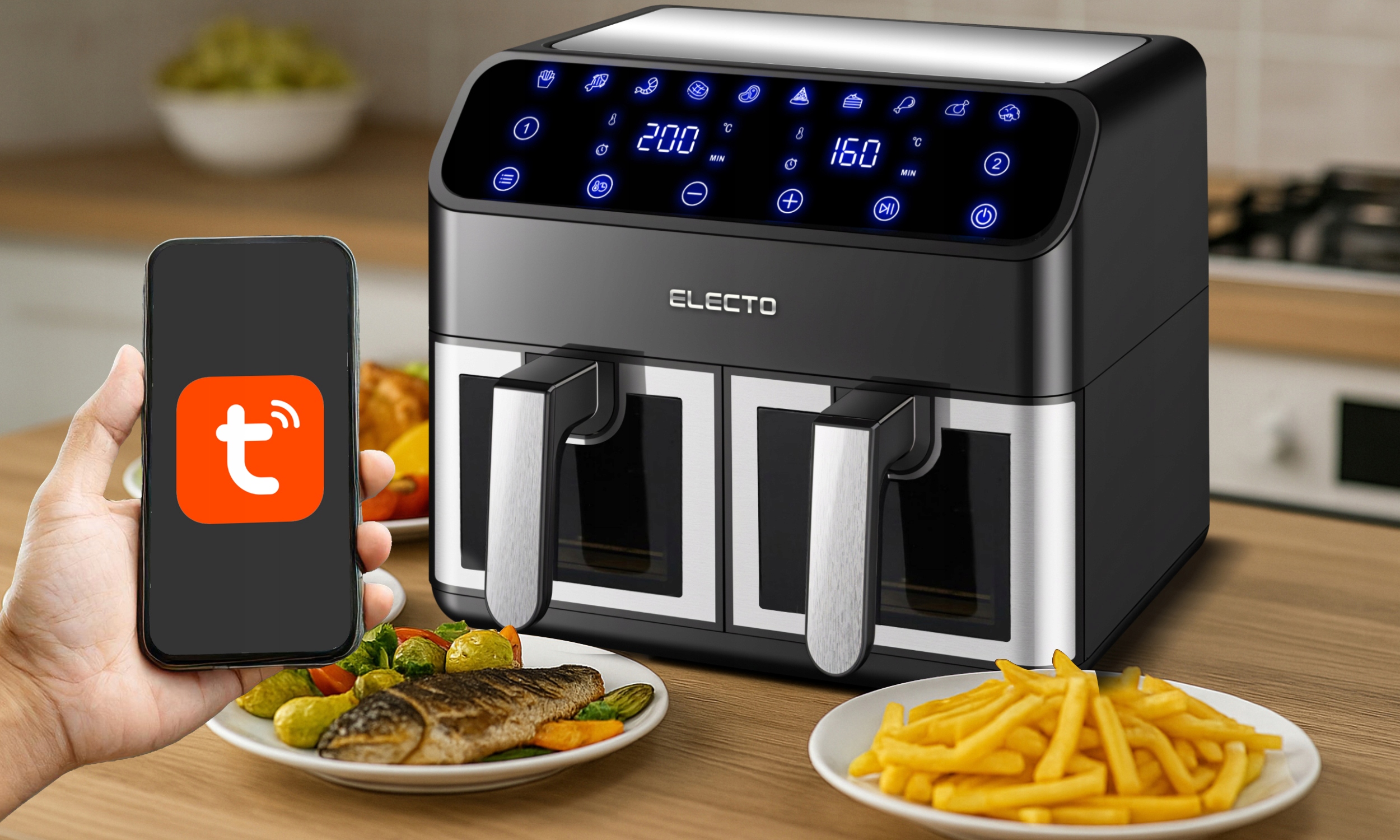 PODWÓJNA FRYTKOWNICA AIR FRYER BEZTŁUSZCZOWA DWUKOMOROWA 8L WIFI APLIKACJA Model ELECTO-DUAL-FRITTA