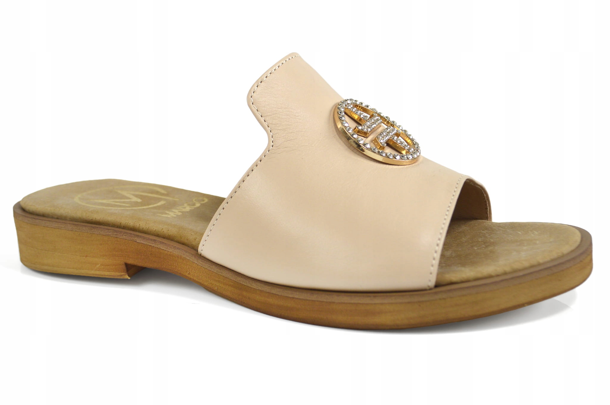 Beżowe klapki skórzane licowe z ozdobą - 36, Beżowy