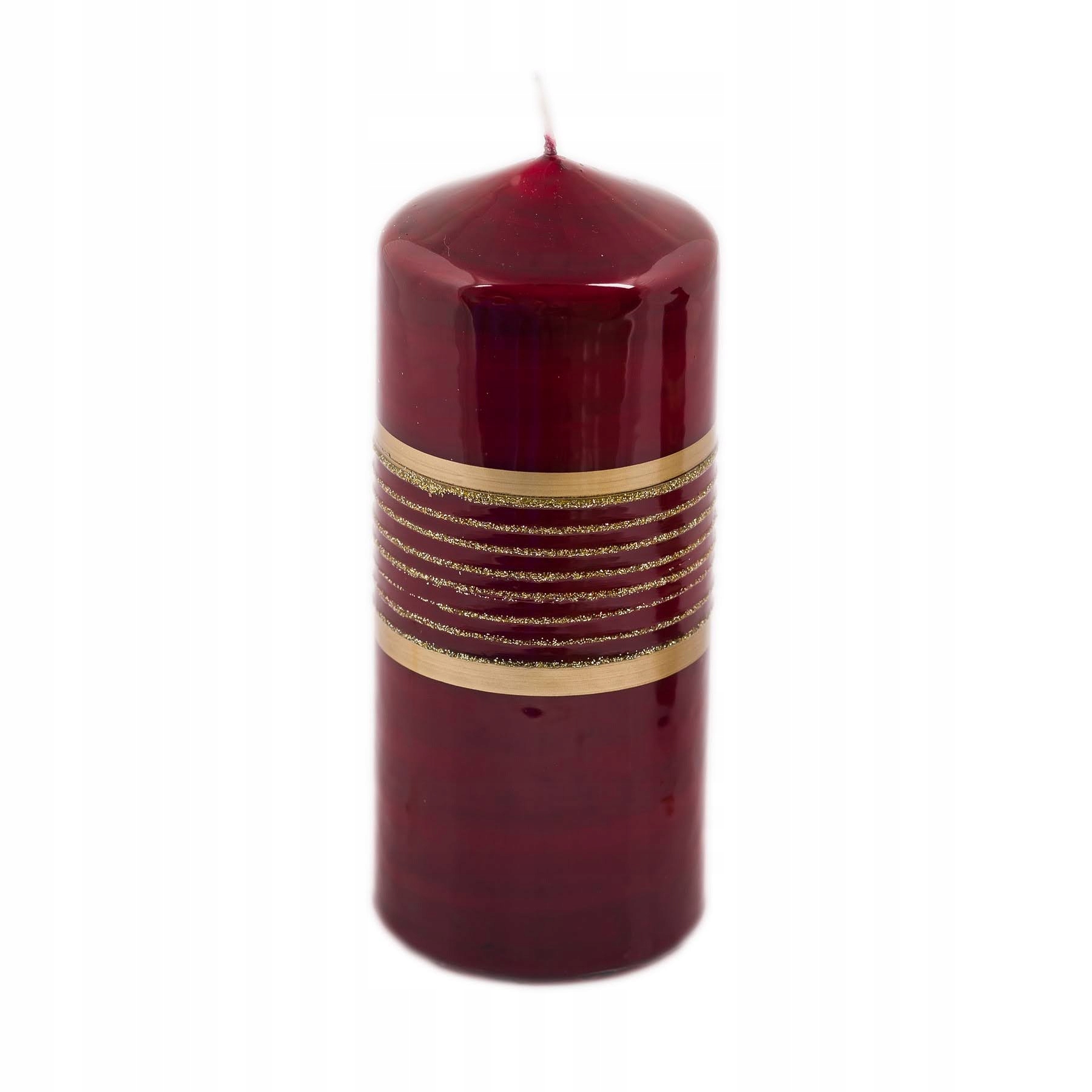 

Bordowa świeca w złoto brokatowe paski słupek 16cm