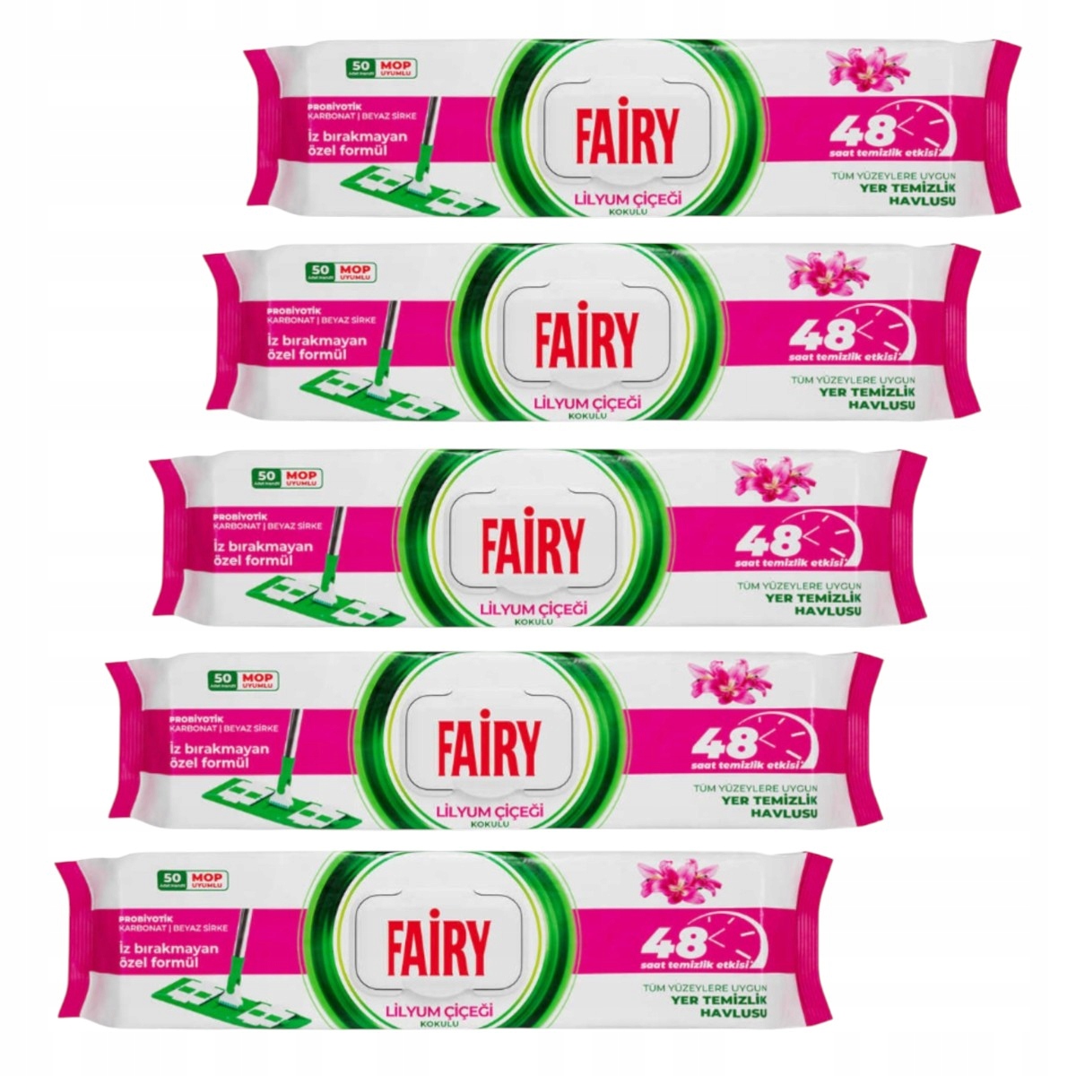 Levně 5 x velké vložky do mopu Fairy vlhčené ubrousky na jedno použití ubrousky Lilia 50 ks