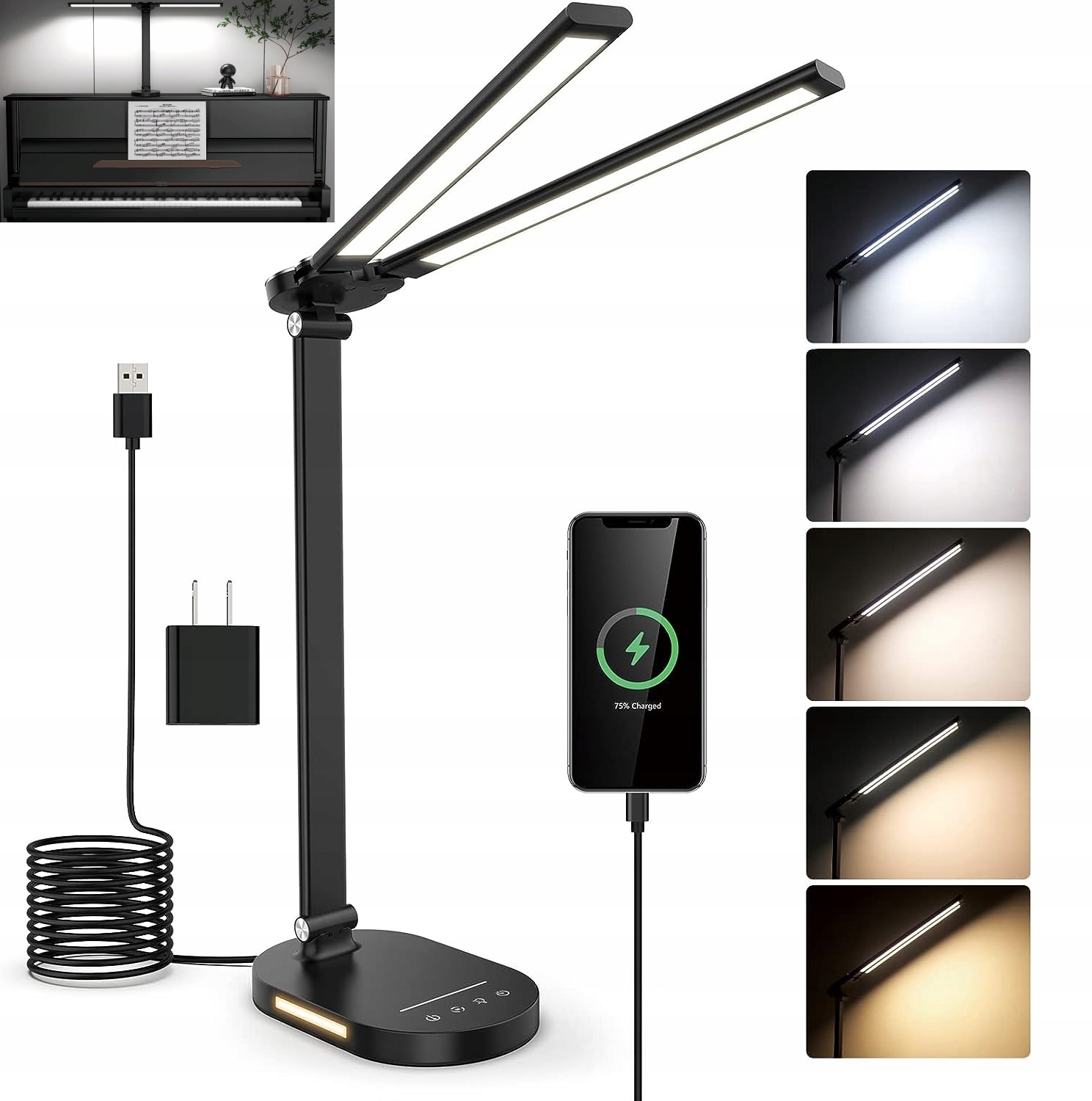 Lampka Biurkowa Led Szkolna na Biurko Regulowana Podwójna Czarna