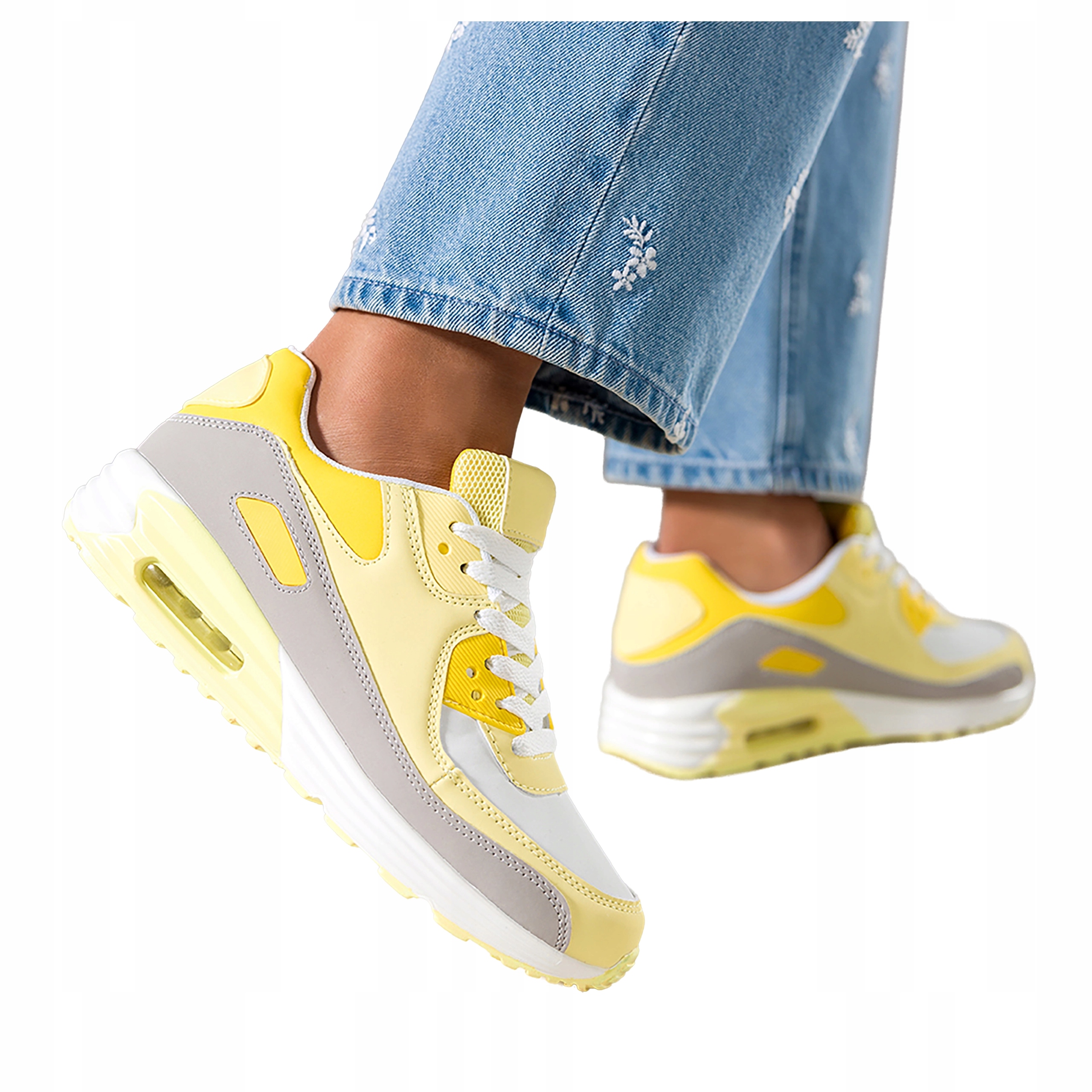 Żółte Sneakersy Damskie Sznurowane Żłobiona Podeszwa Lekkie Sportowe r 40