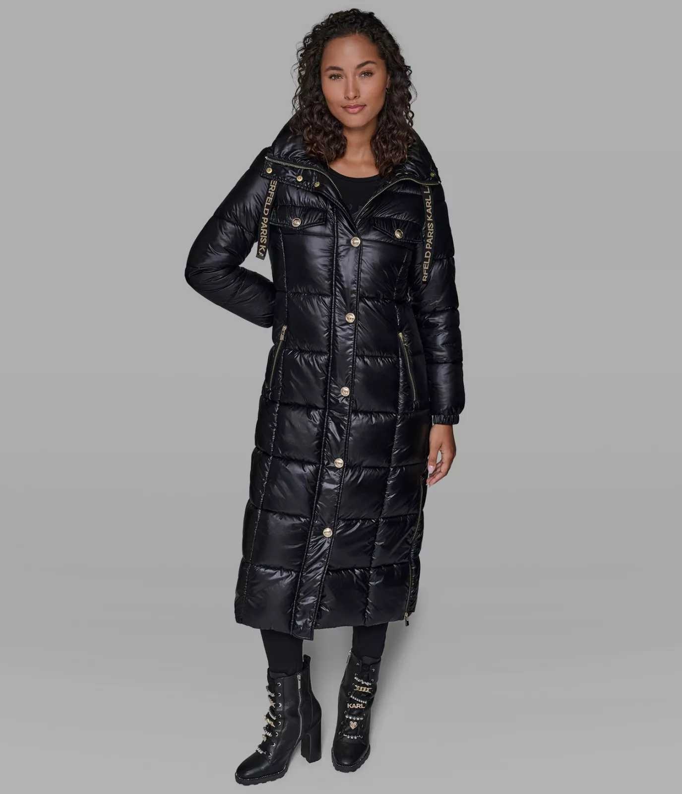 Karl Lagerfeld damski długi płaszcz, zimowa kurtka Maxi Puffer czarna Xs